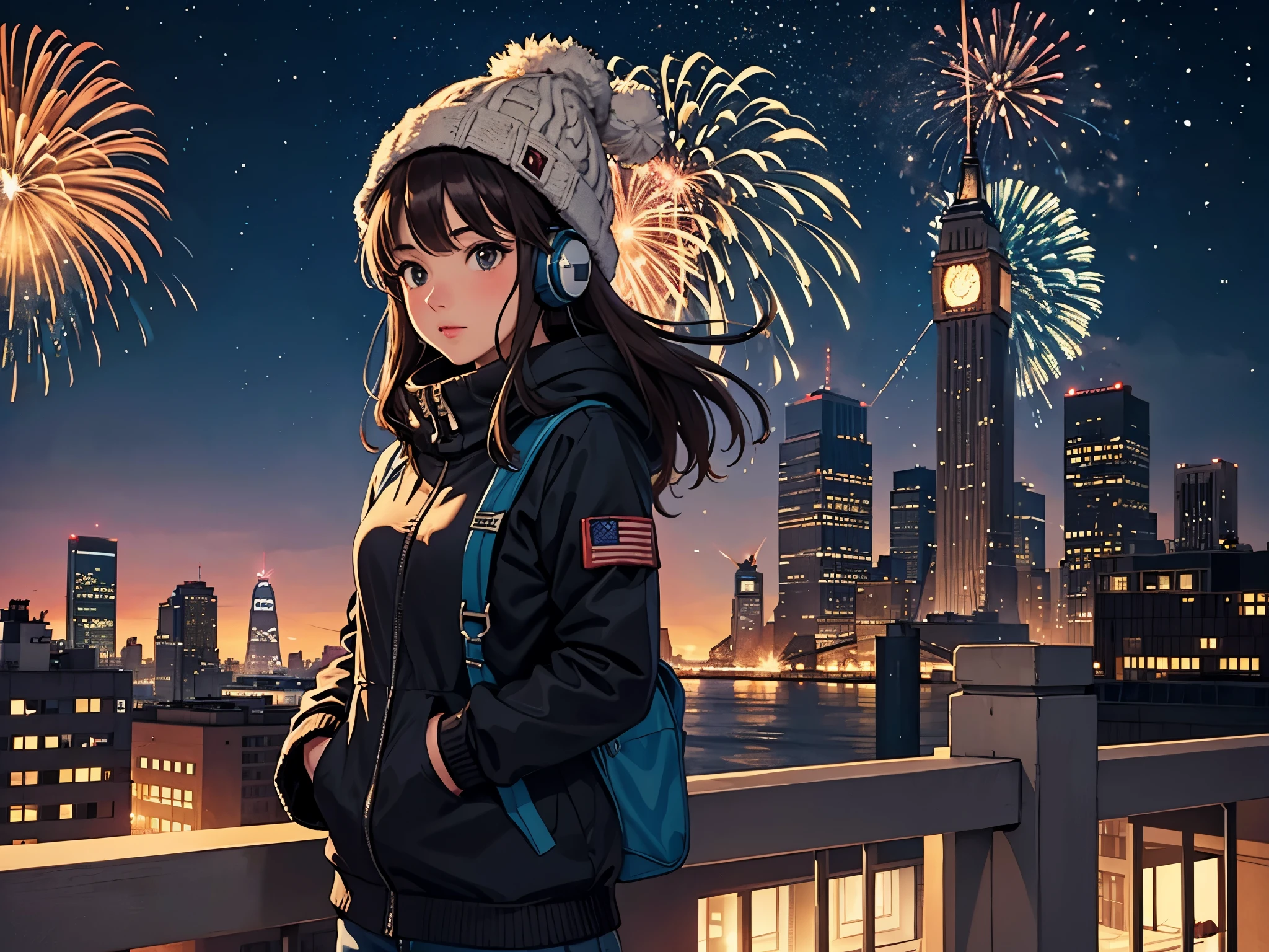 lofi relaxed one brunette girl with headphones in roof of a building in NYC. (helicopter) ready to departure. winter night. beautiful landscape of NYC with statue of liberty, (fireworks) in night sky. travel. tourist. sweater, gloves, winter hat. long hair. new year eve
