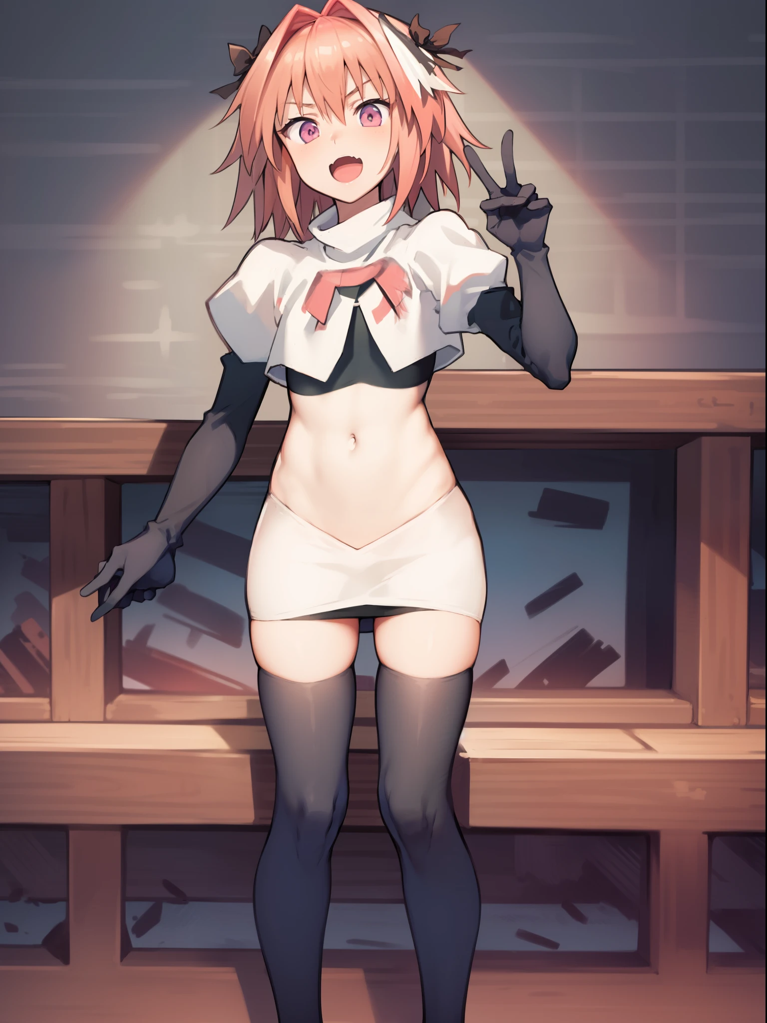absurdres, masterpiece, best quality, (astolfo fate:1.2155), 1boy, male focus, trap, pink multicolored hair, pink hair, white hair, hair intakes, long hair, pink detailed eyes, crossdressing,1boy, team rocket,team rocket uniform, red letter R, white skirt,white crop top,black thigh-highs,black elbow gloves