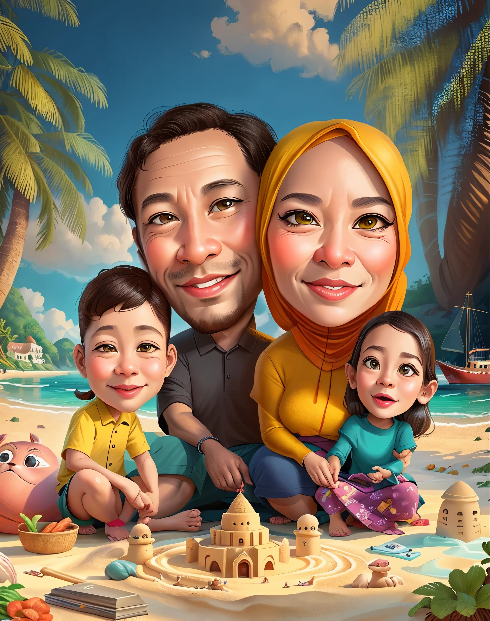 arafed family on the beach with sand castle and toys, caricature illustration, an indonesian family portrait, Mother wears the hijab, everyone laughs happily, cheerfully, cinematic lighting, digital art cartoon, cartoon portrait, cartoon digital painting, in cartoon style, cartoon digital art, cartoon artstyle, digital cartoon painting art, happy family, cartoon art, family portrait, potrait, realistic cartoon, caricature style, cartoon art style, cartoon style illustration