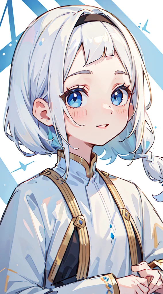 ((thawb)), braid, ((short bangs:1.4)), (white hair), (best quality:1.3), (highres1.3), (clear1.3), (8k:1.3), masterpiece, (detailed:1.1), 1girl, beautiful detailed eyes, beautiful detailed lips, extremely detailed eyes and face, long eyelashes,, blue eyes, shy smile, perfect proportion, face close up,