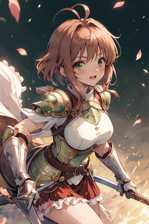 master piece, Best Quality, A high resolution, top-quality, Anime style, The best lighting, Beautiful face, kinomoto sakura, 1woman, tall, 30 years old, large breasts, light brown hair, Short hair, Antenna Hair, Green eyes, frills,  knight in shining armor, dynamic angle, action pose,