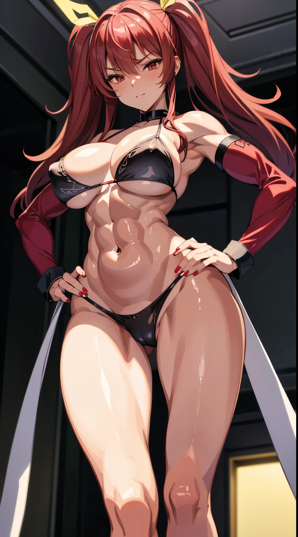 master piece、Top Quality、1 girl in、(Stella Vermillion)、Ligature bracelet、muscular thighs, muscular belly, wide hips, (very thin waist), large breasts, very hard breasts, standing breasts, very hard nipple, ( ((A sexy pose))), wearing red shoes with high heels scene), very hot, well-made hands, red nails, well-made red manicure with lots of details, {{{wearing a well-made bikini, short and very sexy}}}, eye reflection, glowing eyes, (red eyes), lonely, pouting, anime, anime style, cinematic lighting, ray tracing, panorama, Nikon, hard disk, master piece, precise, anatomically correct, skin textured, Super Detail, high quality, best quality, very high resolution, hard disk, 16k