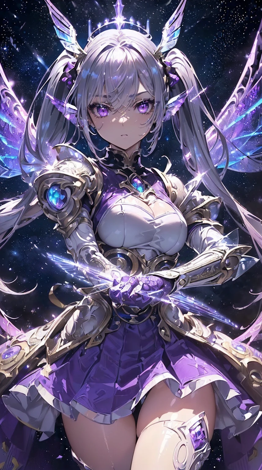 (((masterpiece))), (((highest quality))), ((ultra-detailed)), ((super fine illustration)), ((ultra-fine painting)), (Highly detailed and cool illustration style:1.8), detailed skin texture, detailed metal texture, detailed cloth texture, extreme detailed description, (T-masterpiece), original, raw photo, professional, Intricate details, super details, (16-years-old), (american shot:1.6), real, (Solo:1.5), (A beautiful and pretty female marshal who is a mechanical angel with silver twintails and purple eyes) BRAKE (Beautifully shaped small breasts), (Beautifully shaped small buttocks), (Perfect, large, purple color and highly detailed symmetrical wings), (Beautiful and shiny highly detailed and delicate silver twintails:1.4), (highly detailed silver twintails:1.2), (Beautiful clear and highly detailed purple eyes:1.6), (highly detailed purple clear eyes:1,2), (highly detailed face:1.2), (Perfect, very detailed and beautiful hands:1.2), (Perfect, very detailed and beautiful fingers:1.2), (Perfect, highly detailed and beautiful fingertips:1.2), (perfect anatomy:1.2), (perfect symmetrical wings:1.8) BRAKE ((sophisticated mechanism:1.4))Smooth and menacing design, (Mysterious, highly detailed sacred great sword in purple color exclusively for female marshals:1.3), (High-speed, high-mobility, iridescent, highly detailed and cool mechanical armor for female marshals in purple color:1.3) BRAKE concept-art, (Detailed Science Fantasy Art:1.2), (Battle Pose), (slashing pose:1.1) BRAKE no robot, (close mouth), (16K highest quality wallpaper:1.4), (Highly detailed and delicate starry sky background:1.4) BRAKE sexy BRAKE
