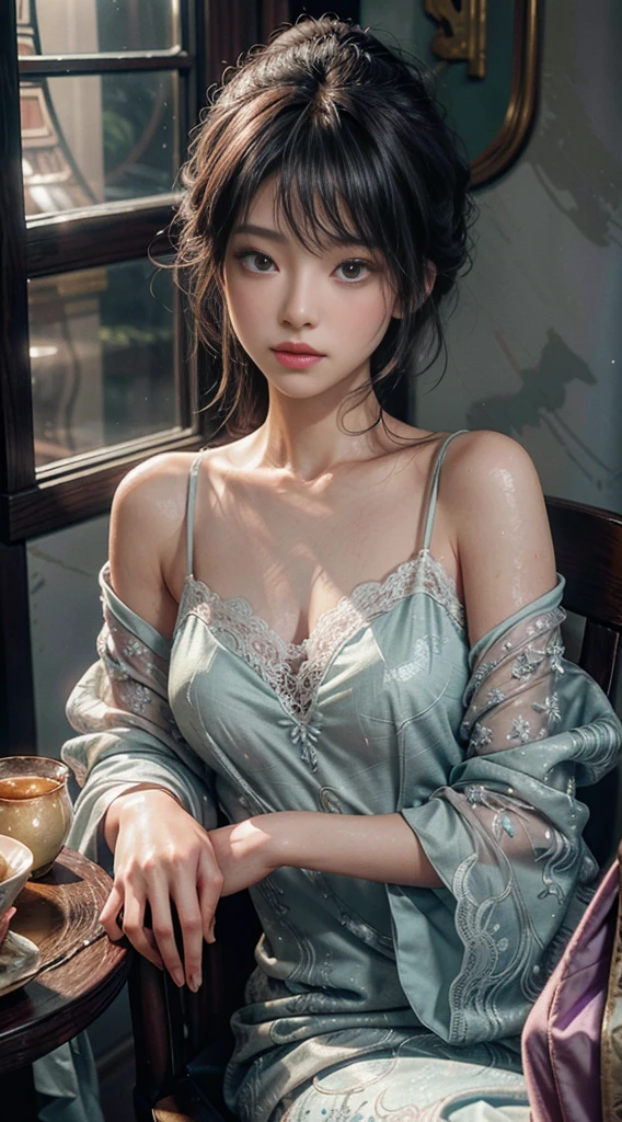 Decorated with intricate patterns and bright colors、Vivid colors with a flowing, silky traditional transparent skin、The art depicts a seductive woman in a transparent white kimono,White transparent and lace kimono skin。Her dress draped elegantly over her curvaceous figure、Emphasize her captivating silhouette。She stood gracefully in the gentle moonlit night、Bask in soft moonlight。The scene is、With a touch of mystery and sexiness、It exudes an ethereal dreamy atmosphere。The image style is、A blend of watercolor and digital illustration techniques.、Let you feel the exquisite beauty and charm。soft moonlight lighting、Cast soft highlights and shadows on her glamorous facial features。Sit in a very luxurious upholstered chair、The hand is somewhere、ssee-through、show through、A sexy、Wet hair、Wet、The hands are the lips、The hair color is lilac and white、pale brown、SakuraNS、Sakura blizzard、Buried in cherry blossoms、. Hanazawa、holding flower bouquet、Flower side、Sit in luxuriously decorated chairs、crossed legs、