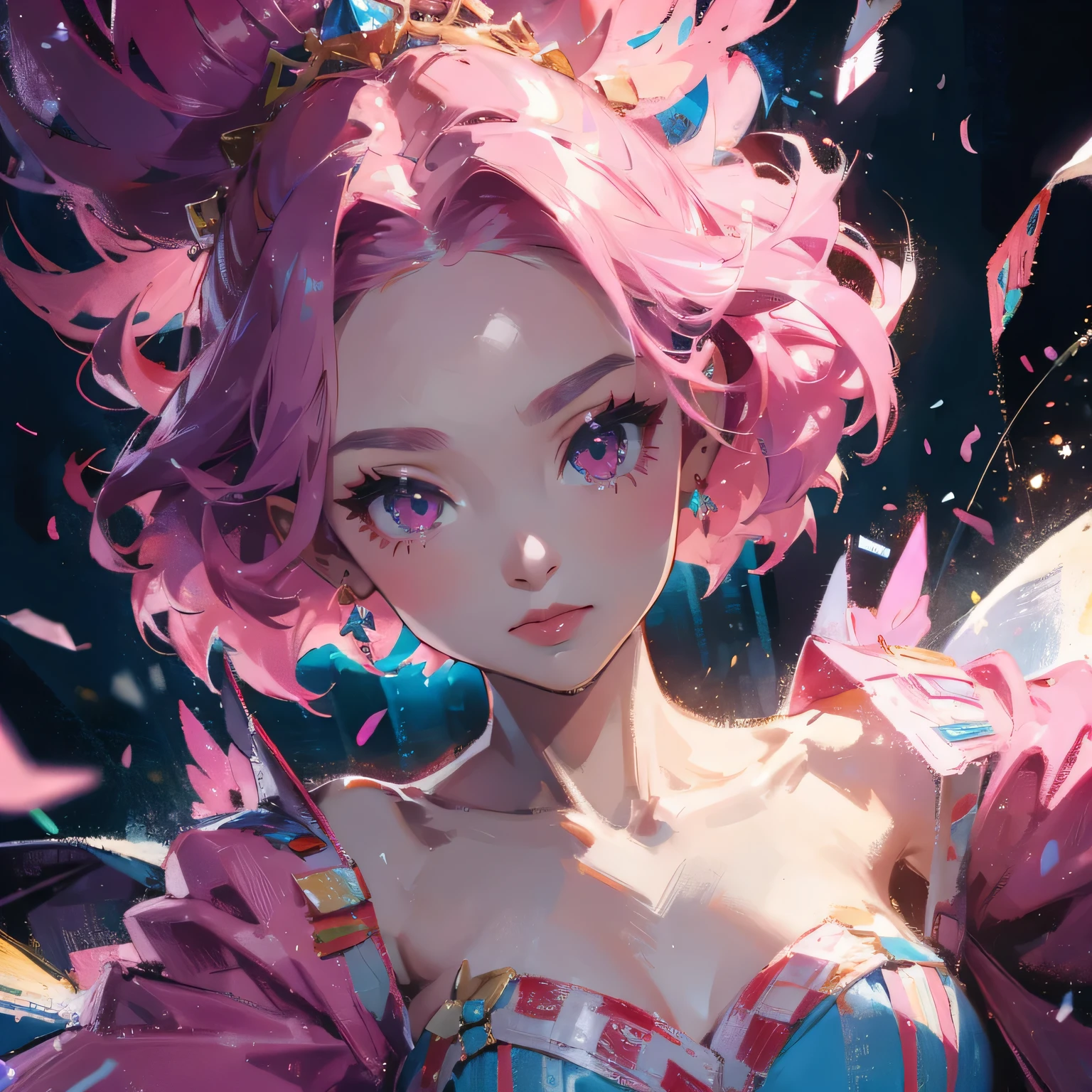 Pink Princess, (Pink-Blue hair), ((big hair)), double eyelid, slender figure, cute expression, perfect skin, (fluffy), pink eyes, (fluffy Particles:1.2), (cute clothing), (NSFW:1.1)