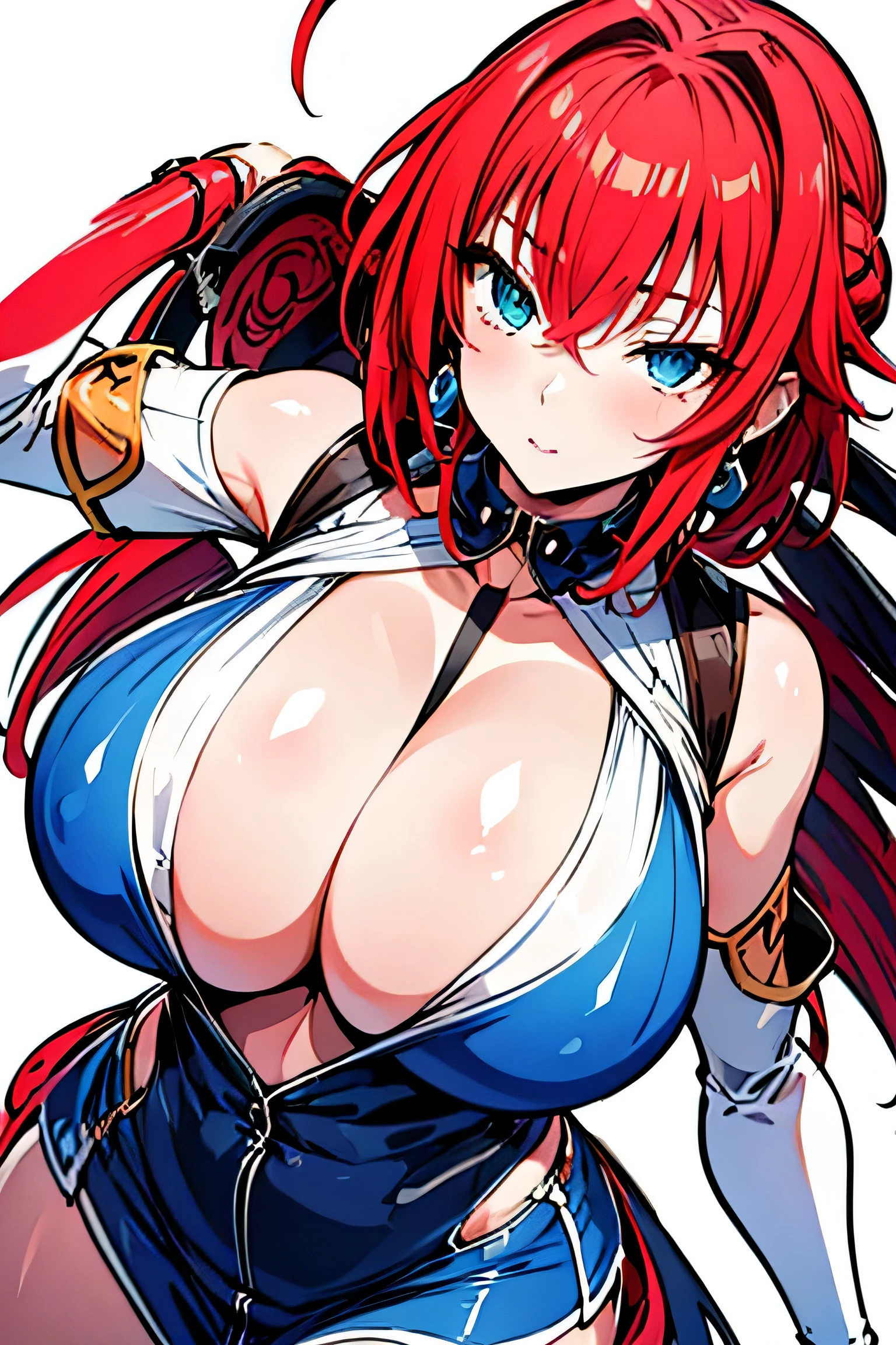 Rias Gremory(masterpiece:1.2), best quality, (extremely detailed face:1.4), (highly detailed eyelash:1.6), highly detailed eyes, sharp details, high contrast, (shiny skin), elegant, elegant face, women, thick body, , massive breast, milfy face, revolted, girl, aqua_eyes, bag, blush, cleavage, closed_mouth, collarbone, cowboy_shot, day, dress, earrings, jewelry, short_hair, hair bun, outdoors, white_blouse, blue skirt, solo, treer, blue eyes, arms down, hand down, big breast, big oppai, , milf, mature