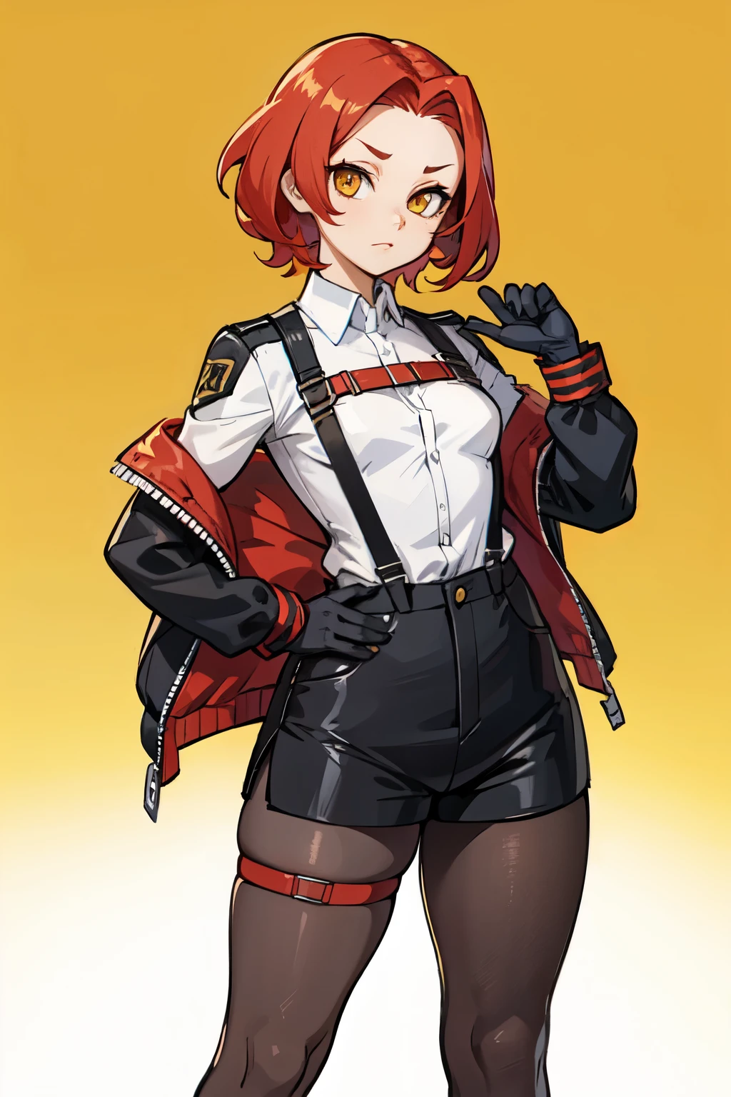 1girl, young woman, solo, short hair, Small hair, (forehead:1.2), yellow eyes, sharp ocular posture, (scarlet red hair), light brown skin tone, Athletic, muscular, medium breasts, (cropped jacket, black jacket), white shirt, collared shirt, (chest harness, shoulder strap:1.15), black leather shorts, 7/8 pantyhose, garter belt, gloves, elegant, looking at viewer, standing, mustard color background, masterpiece, best quality, 4k