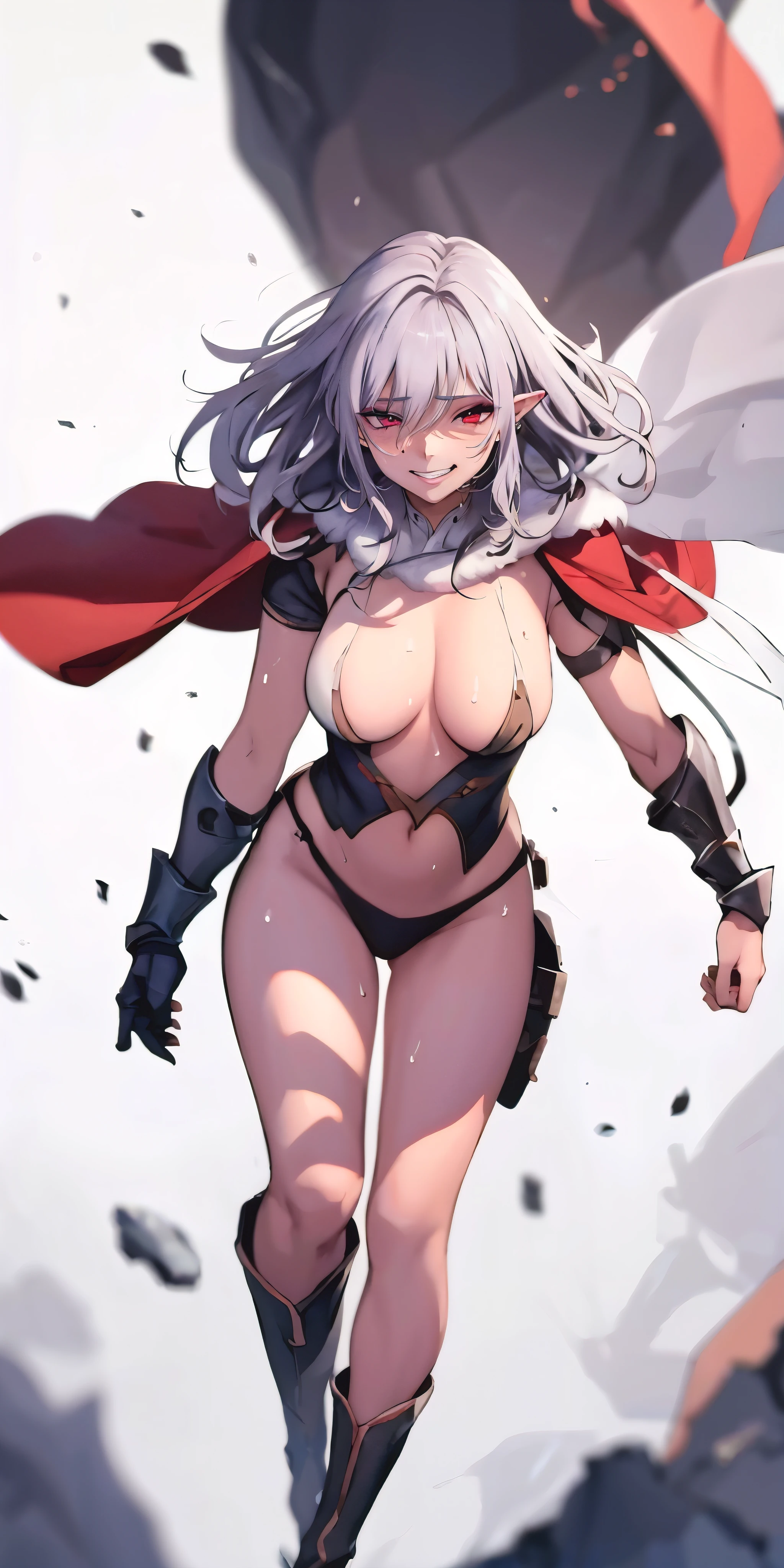 anatomically correct, best quality, masterpiece, high quality, high details, highres, HD, (shaded face:1.2), hollow eyes, red eyes, looking at viewer, smirk, upper teeth, pointy ears silver hair, blunt bangs, long hair, ????????????, sagging ???????, sweating, "Photorealistic, Hyperrealistic, Hyperdetailed, analog style, soft lighting, subsurface scattering, realistic, heavy shadow, masterpiece, best quality, ultra realistic, 8k, golden ratio, Intricate, High Detail, film photography, soft focus, fantasy art, blurry, depth_of_field, blurry_foreground, 1girl, long_hair, blurry_background, solo, gauntlets, motion_blur, armor, weapon, boots, closed_mouth, ???????, standing, cape, bangs, full_body