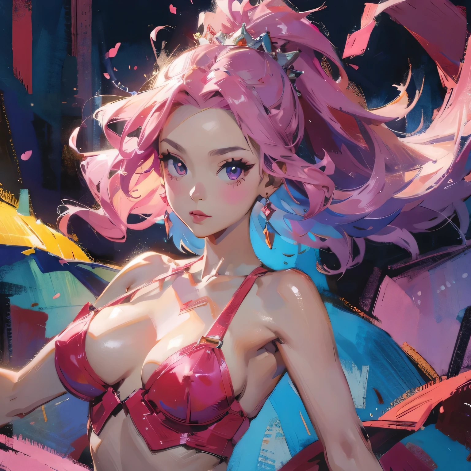 Pink Princess, (Pink-Blue hair), ((big hair)), double eyelid, slender figure, cute expression, perfect skin, (fluffy), pink eyes, (fluffy Particles:1.2), (cute clothing), (NSFW:1.1)