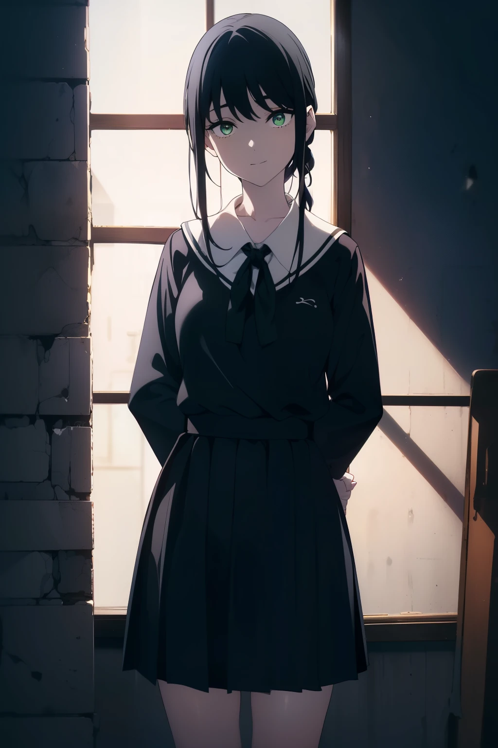 (Obra maestra, La mejor calidad, ultrahigh resolution), 1girl, standing, school uniform, white office shirt, black pleated skirt, (((black hair, dark black hair))), long hair cut, pale skin, ((brown eyes)), glowing_eyes, neon eyes, (ultra detailed eyes:0.7, beautiful and detailed face, detailed eyes:0.9), ((centered)), smile, ((wide shot)), facing viewer, eye level, ((vibrant background, snowy landscape, cityscape, snowing, snow)), flat chested, looking at viewer, ((half closed eyes)), ((perfect hands)), (((head:1, arms, hips, elbows, in view))), ((hands behind back)), empty eyes, beautiful lighting, outside, outdoors, background, defined subject, 25 years old, (head tilt)
