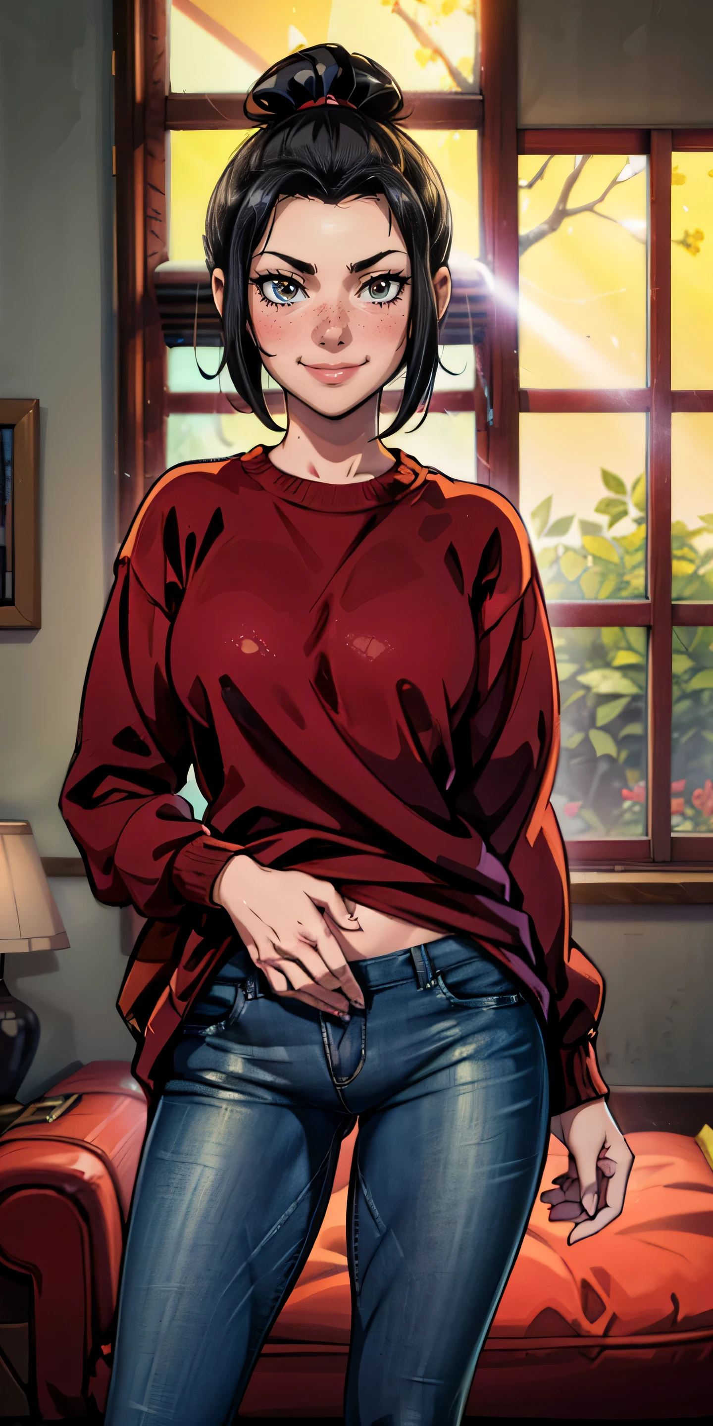 (masterpiece, best quality, highres, high resolution:1.2), detailed, ((anime)), Azula, solo, shy, blush, freckles, wearing sweatshirt, panties, highleg panties, standing, (cinematic lighting, sunlight, volumetric), indoors, window, looking at viewer, pubic hair, smiling, (relaxed), red jeans