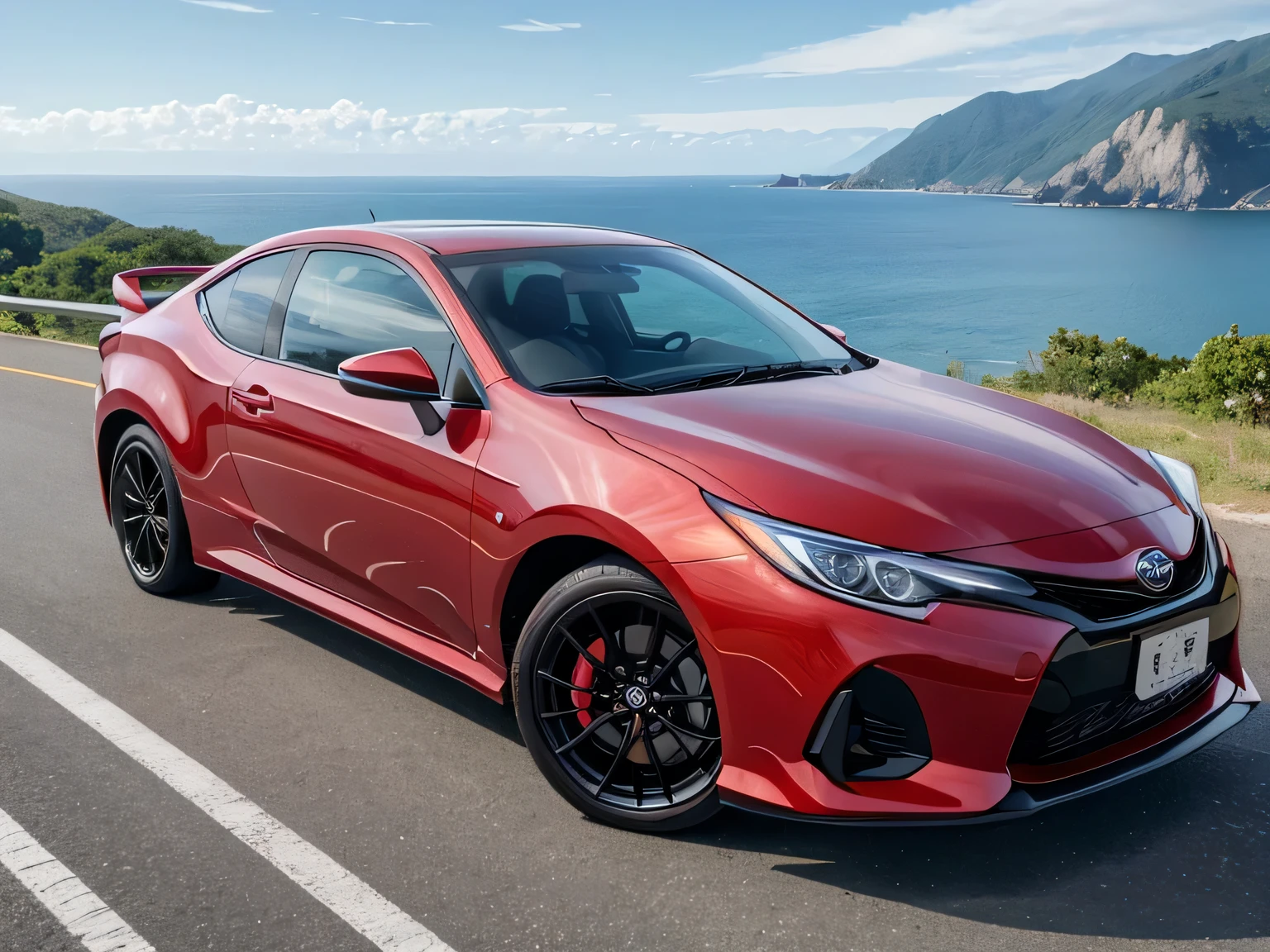 超A high resolution、An ultra-high picture quality、8K、Wonderful expression with attention to detail、early summer coastline、A red sports car stopped on a mountain road、Toyota、Corolla Levin 1600GT intercooler turbo sports coupe