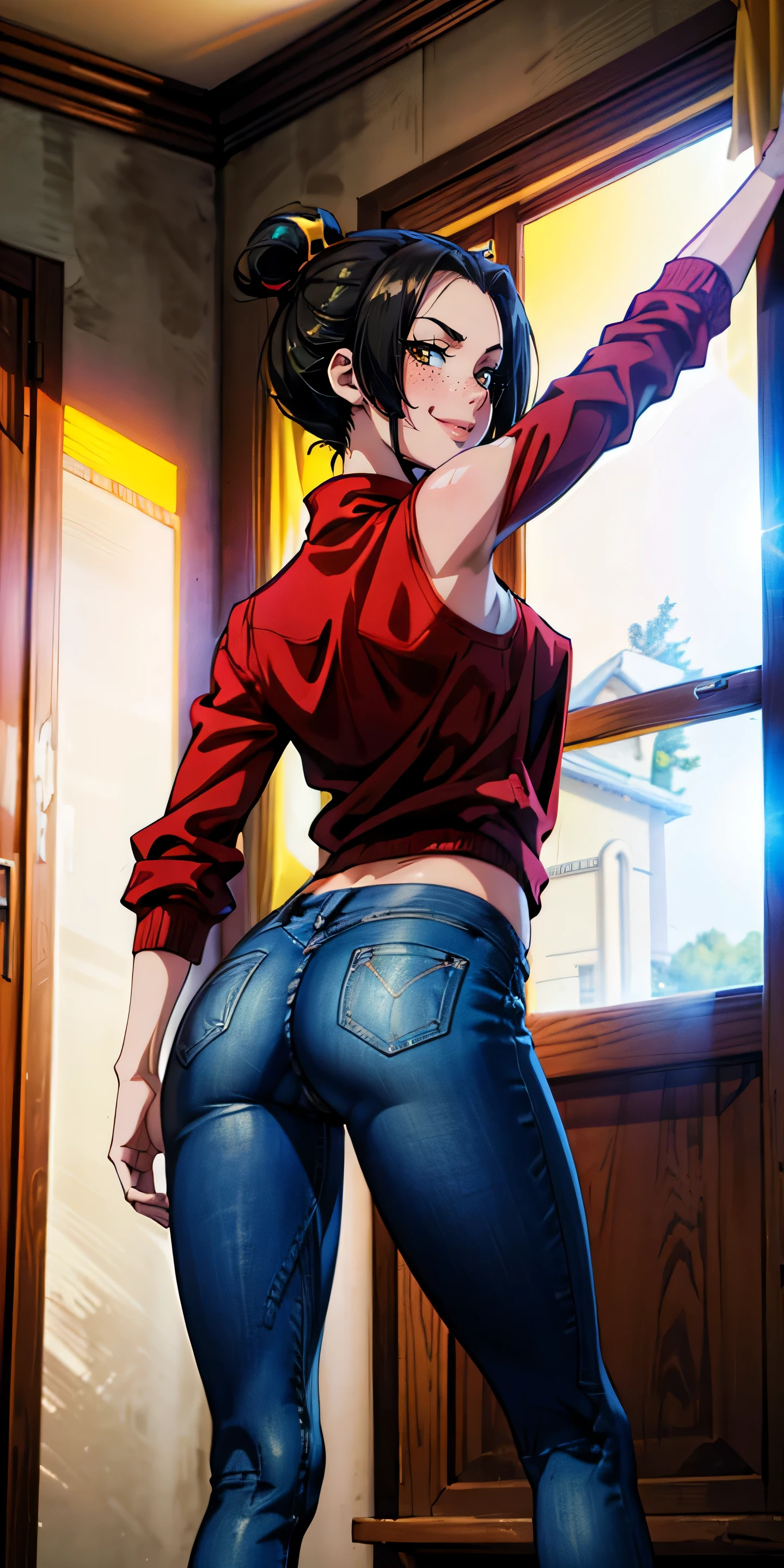 (masterpiece, best quality, highres, high resolution:1.2), detailed, ((anime)), Azula, solo, shy, blush, freckles, wearing sweatshirt, panties, highleg panties, standing, (cinematic lighting, sunlight, volumetric), indoors, window, pubic hair, smiling, (relaxed), red jeans, armpits, from behind