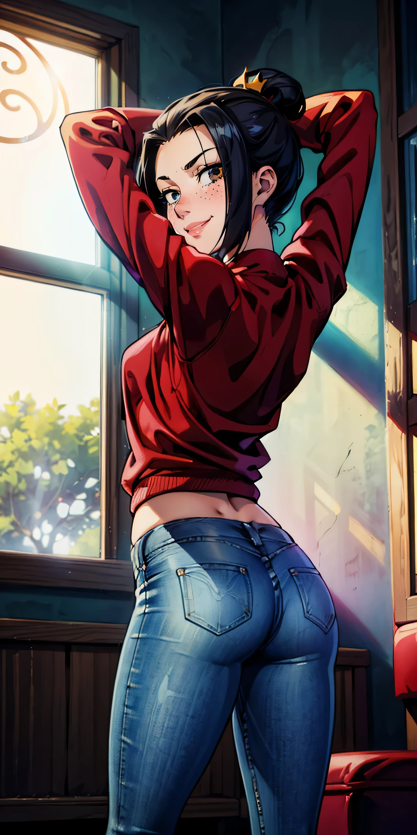 (masterpiece, best quality, highres, high resolution:1.2), detailed, ((anime)), Azula, solo, shy, blush, freckles, wearing sweatshirt, panties, highleg panties, standing, (cinematic lighting, sunlight, volumetric), indoors, window, pubic hair, smiling, (relaxed), red jeans, armpits, from behind