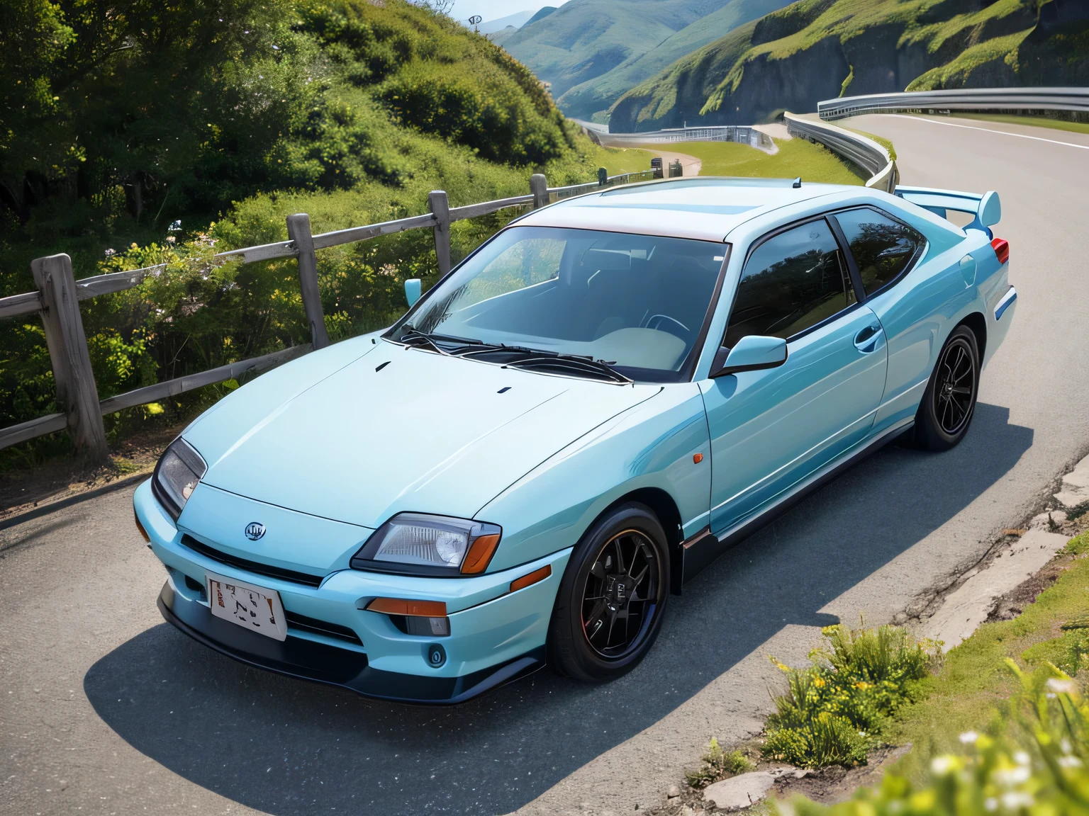 超A high resolution、An ultra-high picture quality、8K、Wonderful expression with attention to detail、early summer coastline、A red sports car stopped on a mountain road、Toyota、Corolla Levin 1600GT intercooler turbo sports coupe