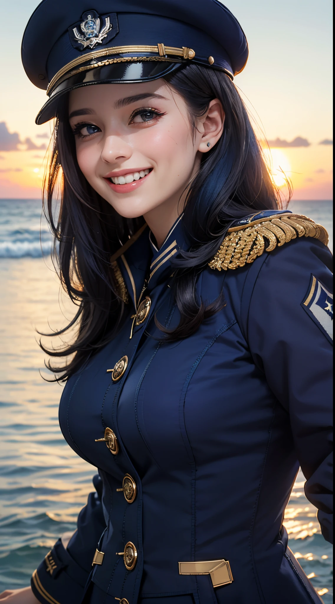 Solo, (masutepiece), (((Best Quality))), ((Detailed face)), (Perfect face), (Detailed eyes), (Beautiful eyes), awardwinning, (4K), unbelievable Ridiculous, (absurderes), (hight resolution), (sharp), Highly detailed ajc, 8K_Wallpaper, ((Ultra-detailed))), (Illustration), nffsw, Wallpaper, ((nffsw)), ((High quality)), ((hight resolution)), (((Extremely detailed))), (Upper body), Very long hair, aqua hair, Bangs, french braids, Hair intake, Blue eyes, Large breasts, Curve, lower back, thighs thighs thighs thighs, Military uniform, White skirt, epaulets, buttoning, Belt bag, medal, White Gloves, Sword, Jacket, jacket on shoulders, high-heels, hat, warships, Water, Outdoors, ocean, Head tilt, Smile, POV, Looking at Viewer,