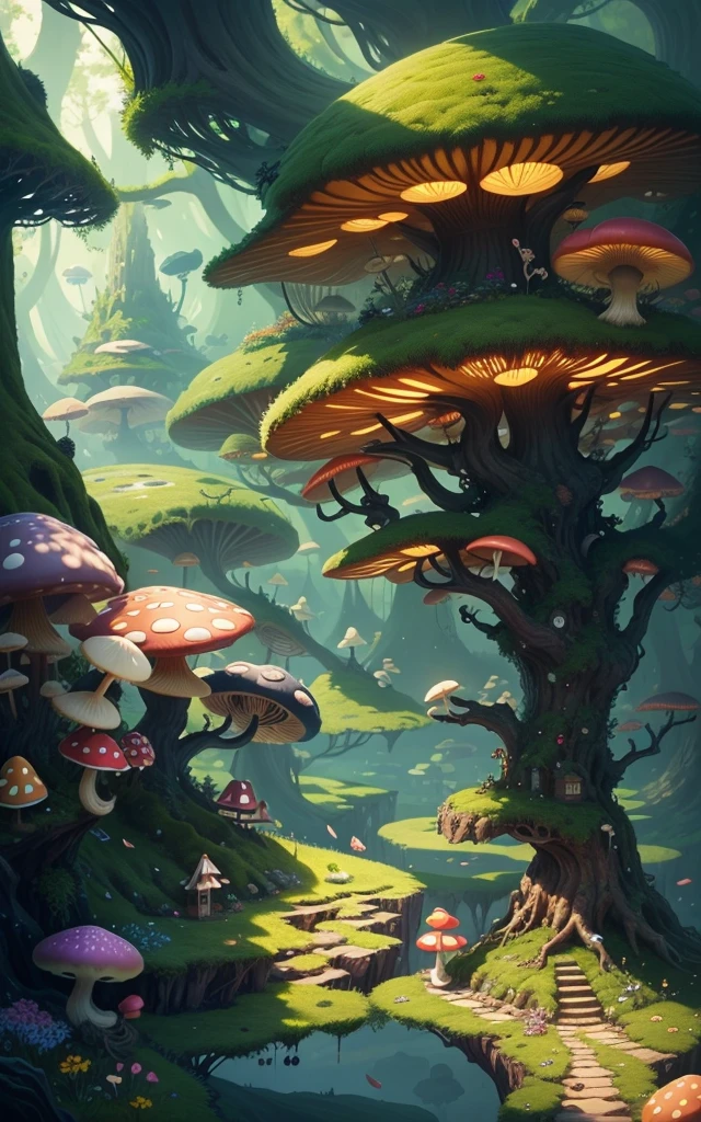tilt shift lens,Close-up of a bunch ofcolorfull mushrooms in the underwater world, mushroom city, Mushroom forest, cyber mushroom city, mushroom house, himawari,Pomegranate flowers,pumpkins,Lotus leaf,rosette,horn,touch-me-not,Myrtle blossomorest made of mushrooms, mushroom trees, Stylized concept art, mushroom house, 3 d render stylized, Mushrooms are everywhere, Detailed digital 2D fantasy art, houses in the shape of mushrooms, magical fantasy 2 d concept art