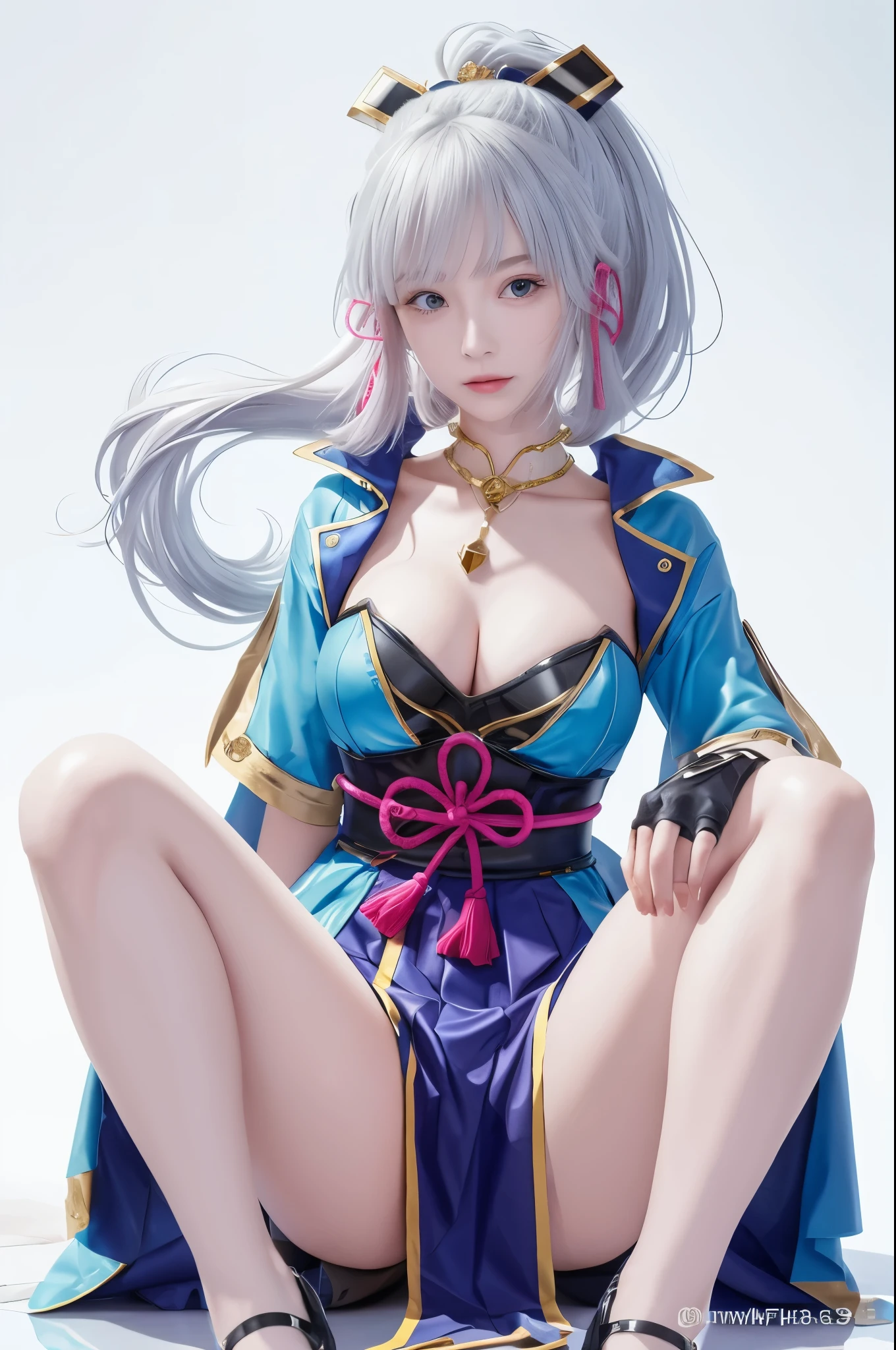 Close-up of a woman wearing a skirt sitting on the floor, The resolution is 4K or 8K, Showcase ultra-detailed visuals. The final work of art should aim at reality and reality, Capture every intricate detail in the scene. The work should be of professional quality, vibrant with colorocus Clear. The color scheme is dominated by dark tones, Emphasize the atmosphere and mystery of the image. Lighting should be strategic and dramatic, Enhance the overall atmosphere of your illustrations.[ 4K photorealism ]!!，(Ayaka Kamisato）
