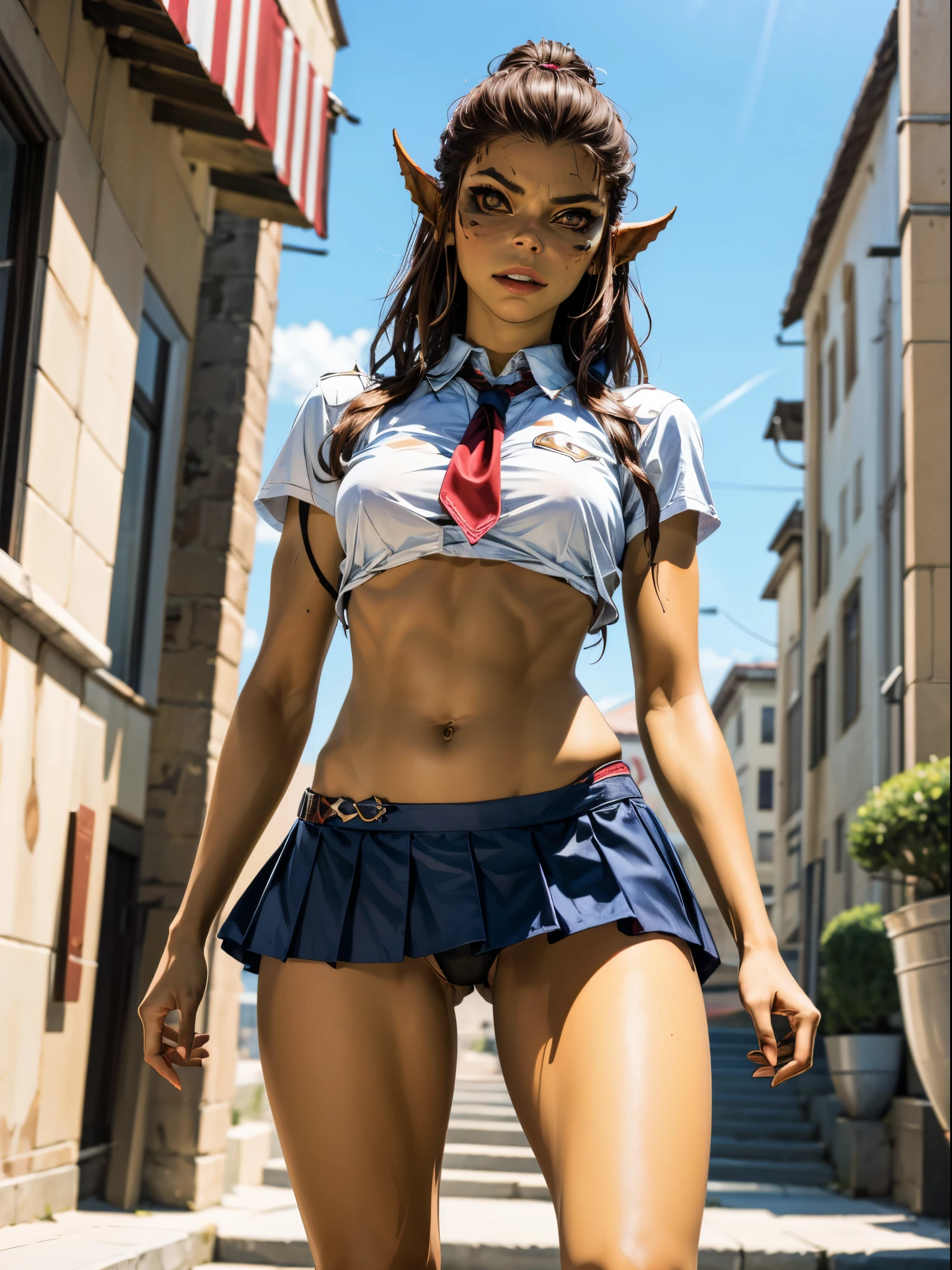 highres, masterpiece, perfect ligthing, bloom, cinematic lightinature, 1girl, perfect skin, female, Lae'zel from Baldur's Gate 3, githyanki, smirk, seductive, inviting expression, moaning, in a modern day classroom, wearing a sexy schoolgirl uniform