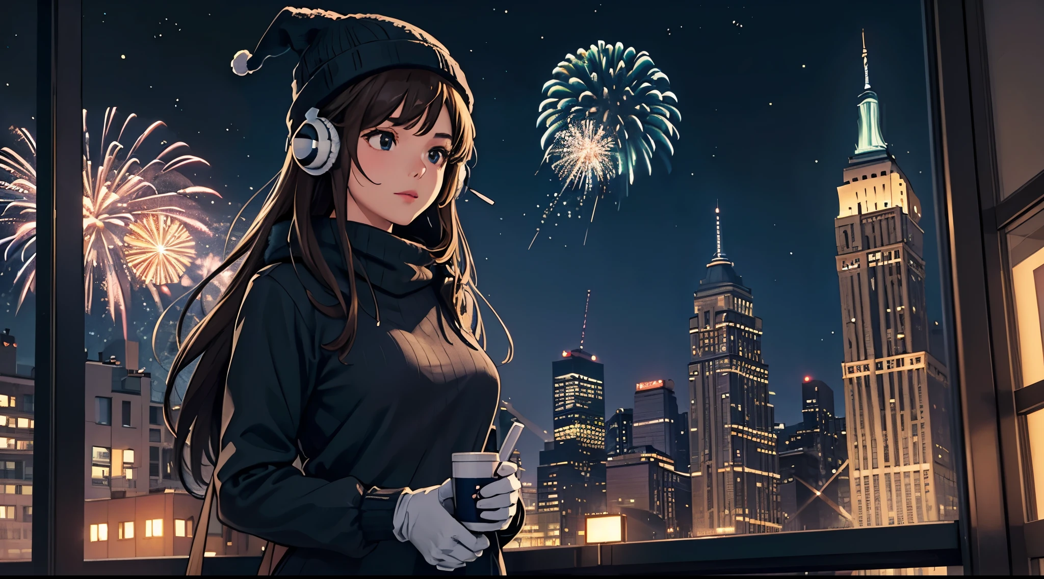 lofi relaxed one brunette girl with headphones walks in roof of a building in NYC. helicopter stays in roof of building. winter night. beautiful landscape of NYC with statue of liberty, (fireworks) in night sky. travel. tourist. sweater, gloves, winter hat. long hair. new year eve