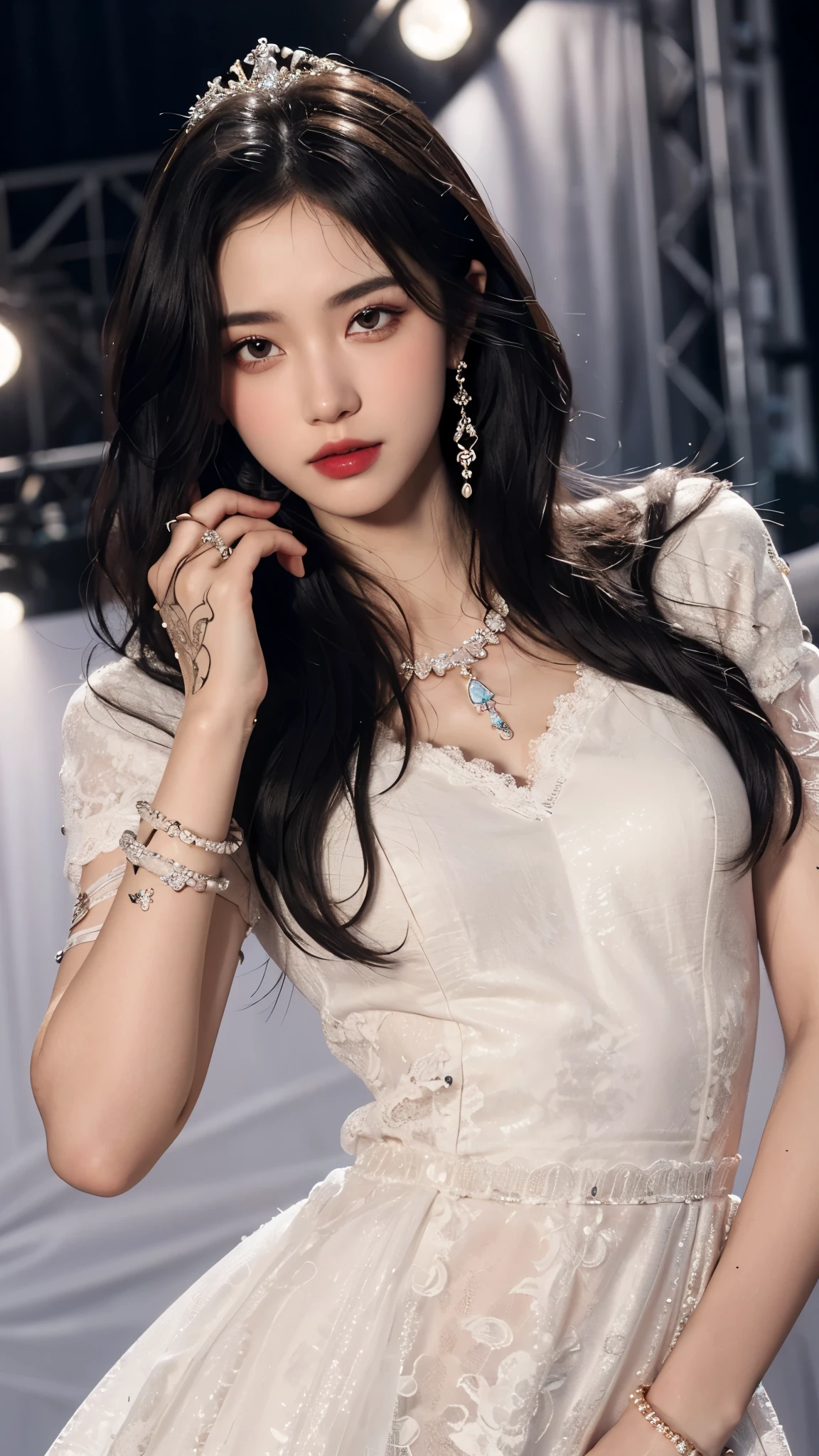 8k, masterpiece, 1 girl, beautiful face, white skin, very long hair, light makeup, detailed eyes, detailed lips, small breasts tight, realistic detailed, very detailed dress, princess dress, (lack dress:1.2), (wearing jewellery:1.5), (lace:1.4), ((stage background)), attractive poses,