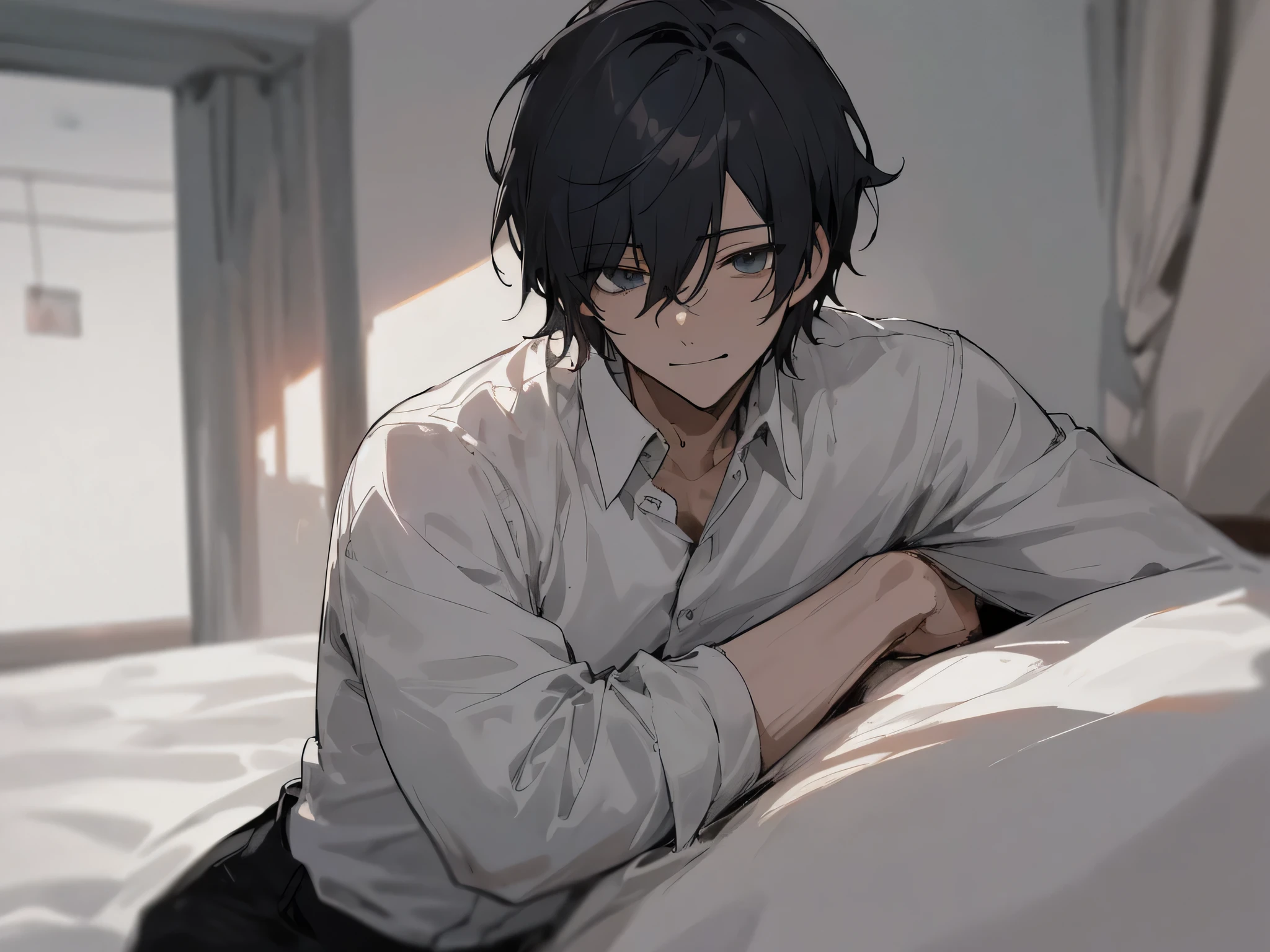 male people,a handsome,Cool atmosphere,Soio,A dark-haired,Mash,Depressive Atmosphere(masuter piece,Viewer's Perspective,Upper body,a closeup,ムラムラ,smil,Yandere atmosphere,,atmosphere of night,Please wear a white shirt and black pants,),Hotel room bed
