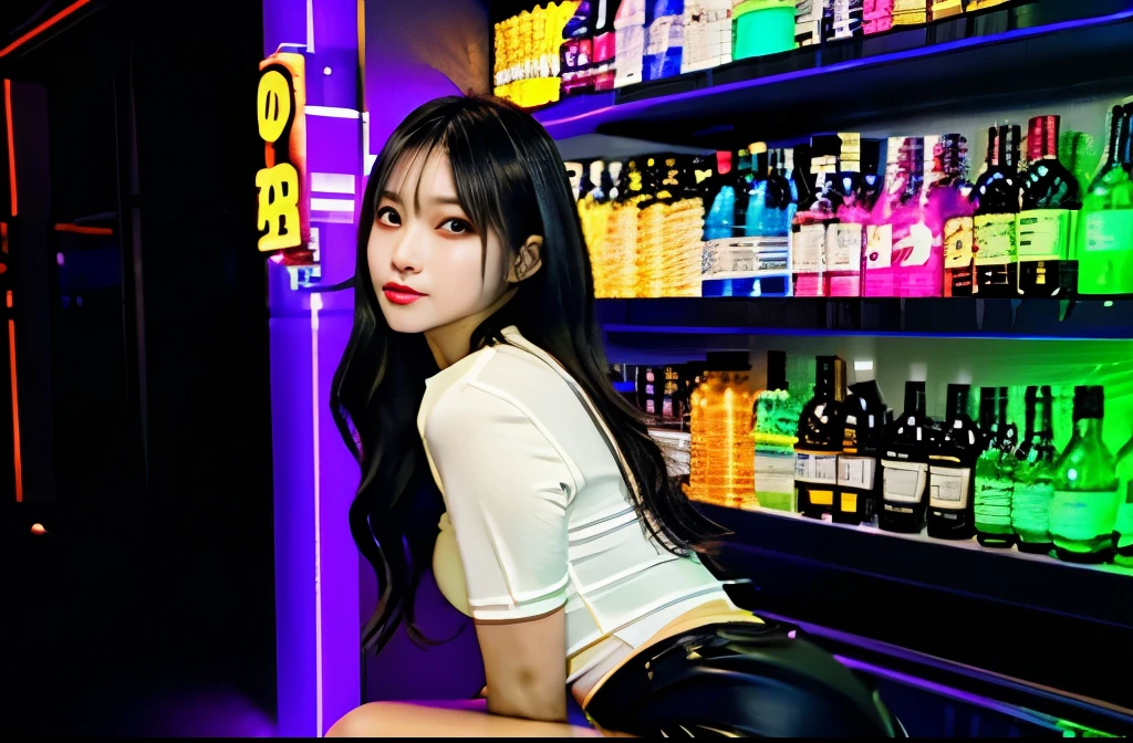 from back、Perfect human body、Mine makeup girl、(((Black straight long hair)))、Glowing neon lights、Girls Bar clerk、Bar clerk、Pure white bar counter、girl serving alcohol、Neon and uv black light store interior、cyber 、(((The store and shirts glow under UV black light)))、numerous piercings in the ears、very Bigger breasts、ultra gigantic tits、Large cleavage、Stick out your big, shapely butt、maikurobikini、Black leather miniskirt or shorts、A store that looks like a spaceship、Liquor bottle reflecting light、Western liquor bottles on a shelf with a faint reflection、drinking cocktail、female gaki smile、cyber vision monitor、(Oil skin, gleaming skin、realistic skin textures、Detailed beautiful skin、Shiny skin、shiny white skin)))、Random angles、crouching down、crouching down