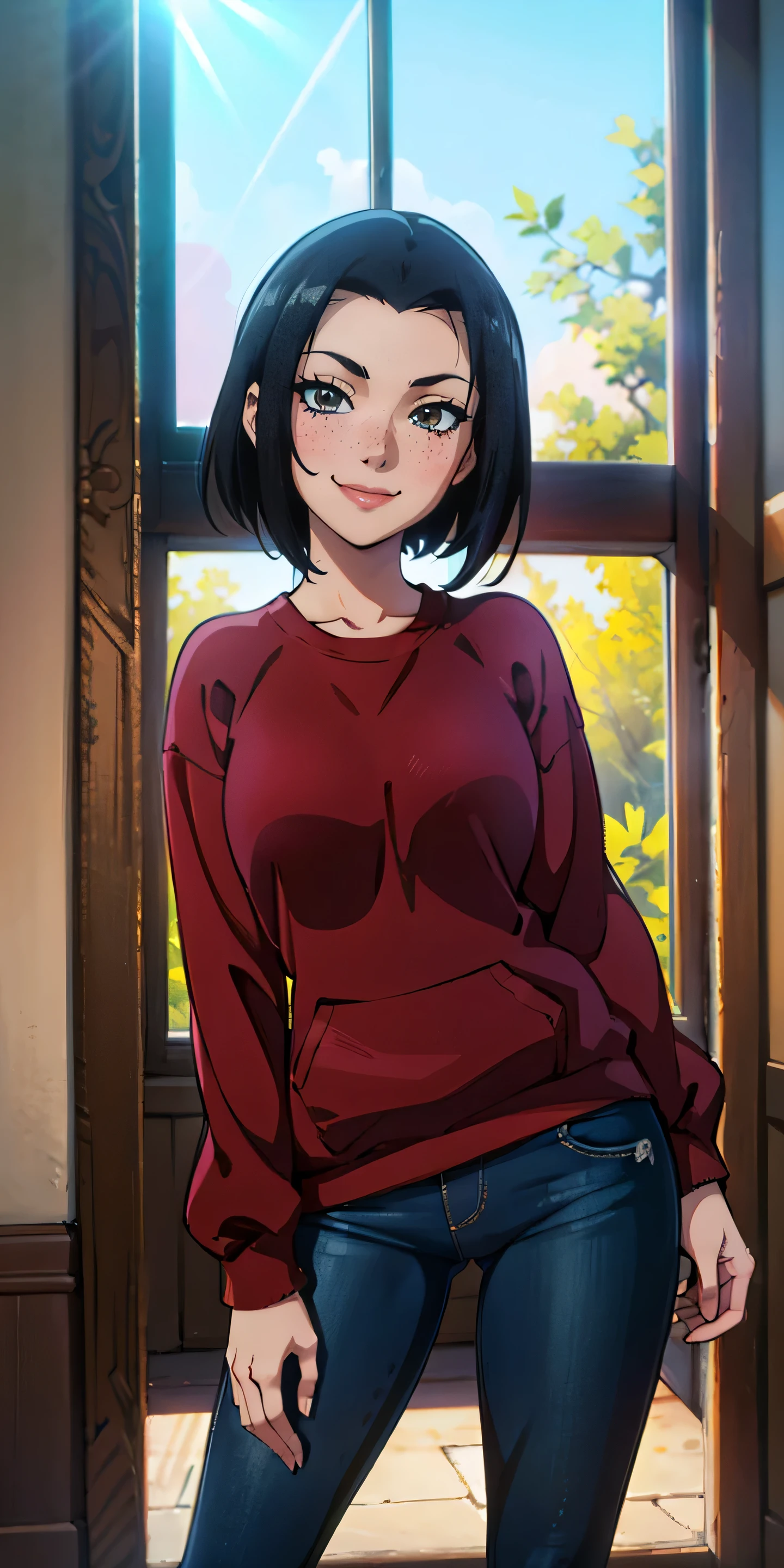 (masterpiece, best quality, highres, high resolution:1.2), detailed, ((anime)), Azula, solo, shy, blush, freckles, wearing sweatshirt, panties, highleg panties, standing, (cinematic lighting, sunlight, volumetric), indoors, window, looking at viewer, pubic hair, smiling, (relaxed), red jeans