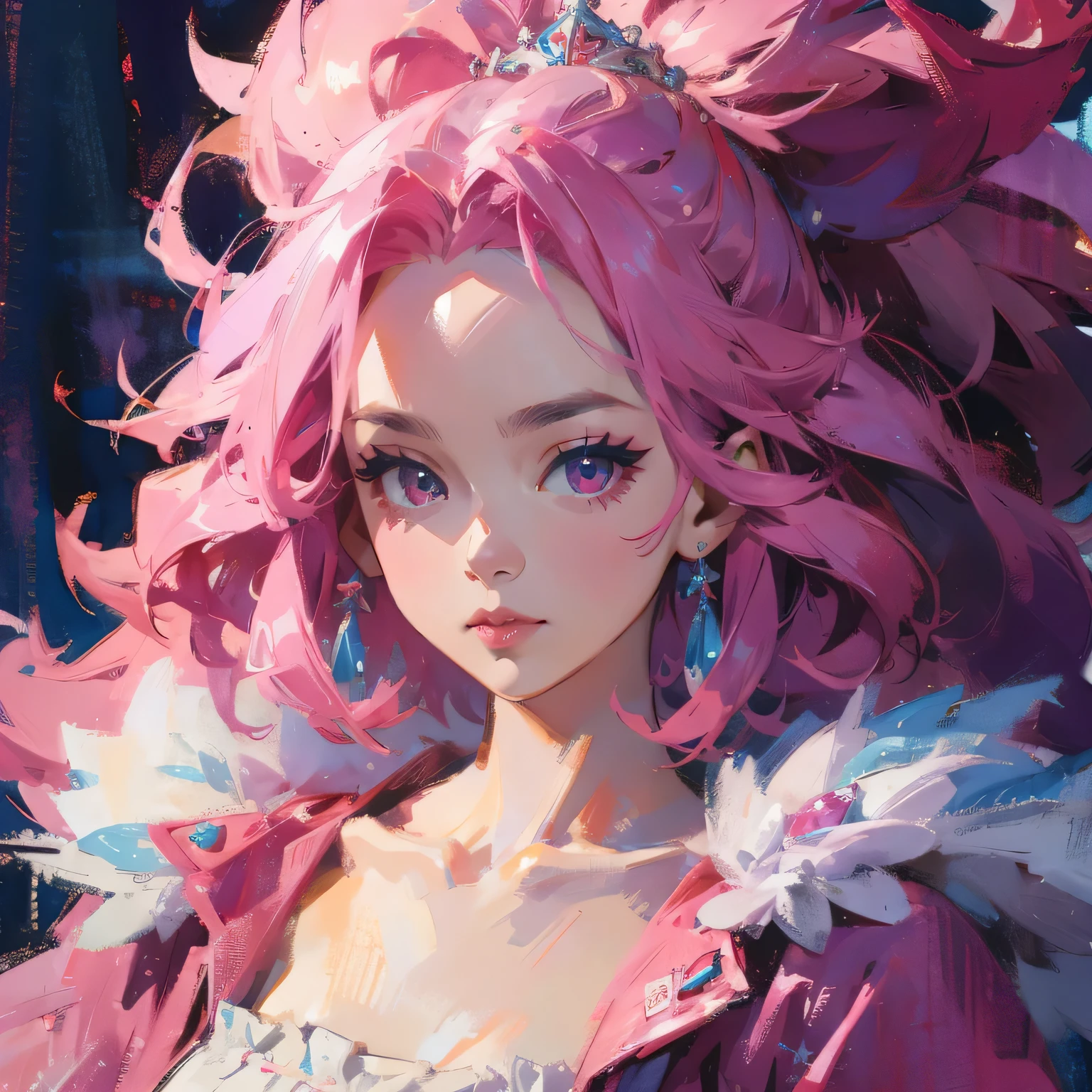 Pink Princess, (Pink-Blue hair), ((big hair)), double eyelid, slender figure, cute expression, perfect skin, (fluffy), pink eyes, (fluffy Particles:1.2), (cute clothing), (NSFW:1.1)