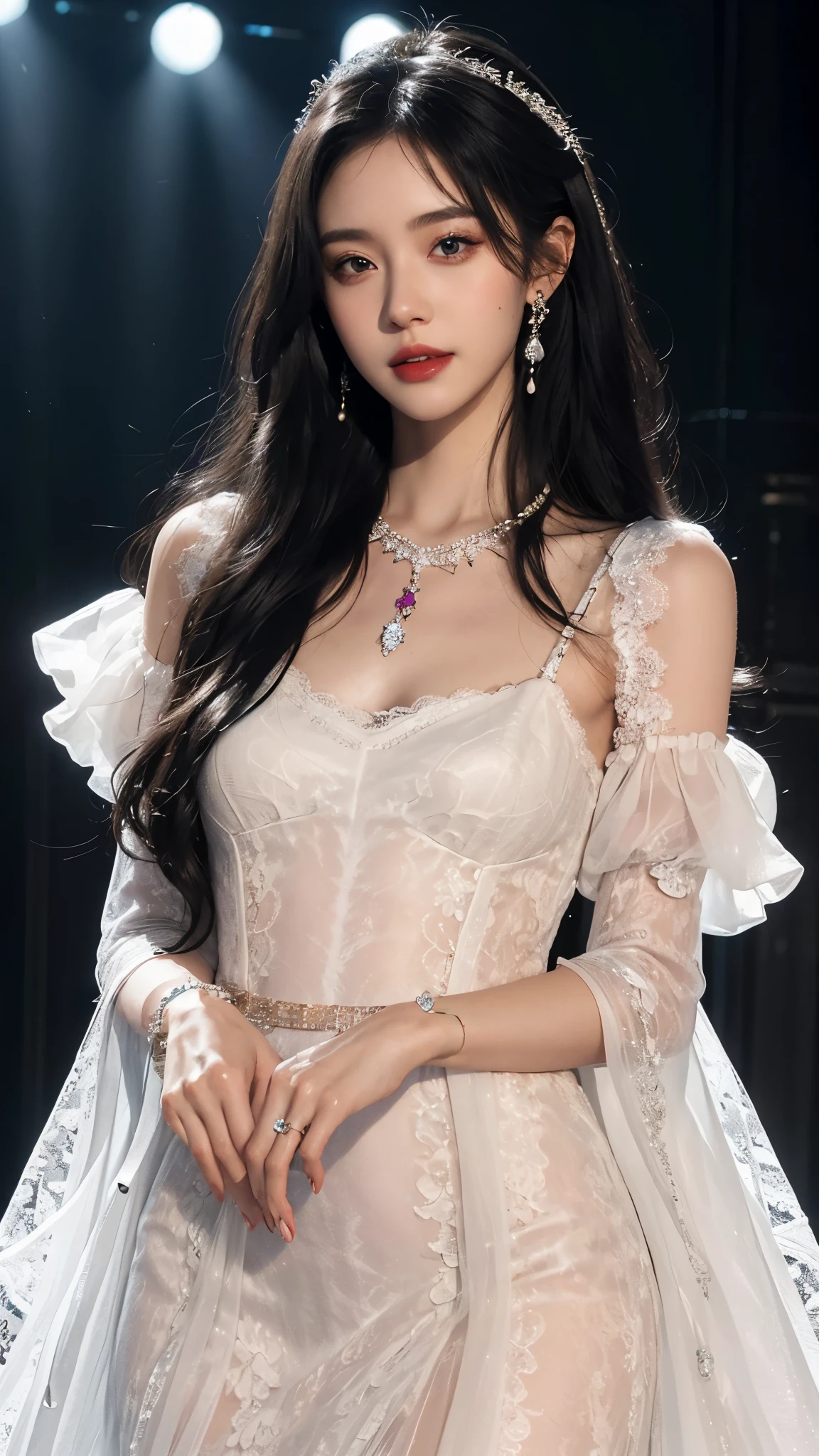 8k, masterpiece, 1 girl, beautiful face, white skin, very long hair, light makeup, detailed eyes, detailed lips, small breasts tight, realistic detailed, very detailed dress, princess dress, (black dress:1.2), (wearing jewellery:1.5), (lace:1.4), ((stage background)), attractive poses,