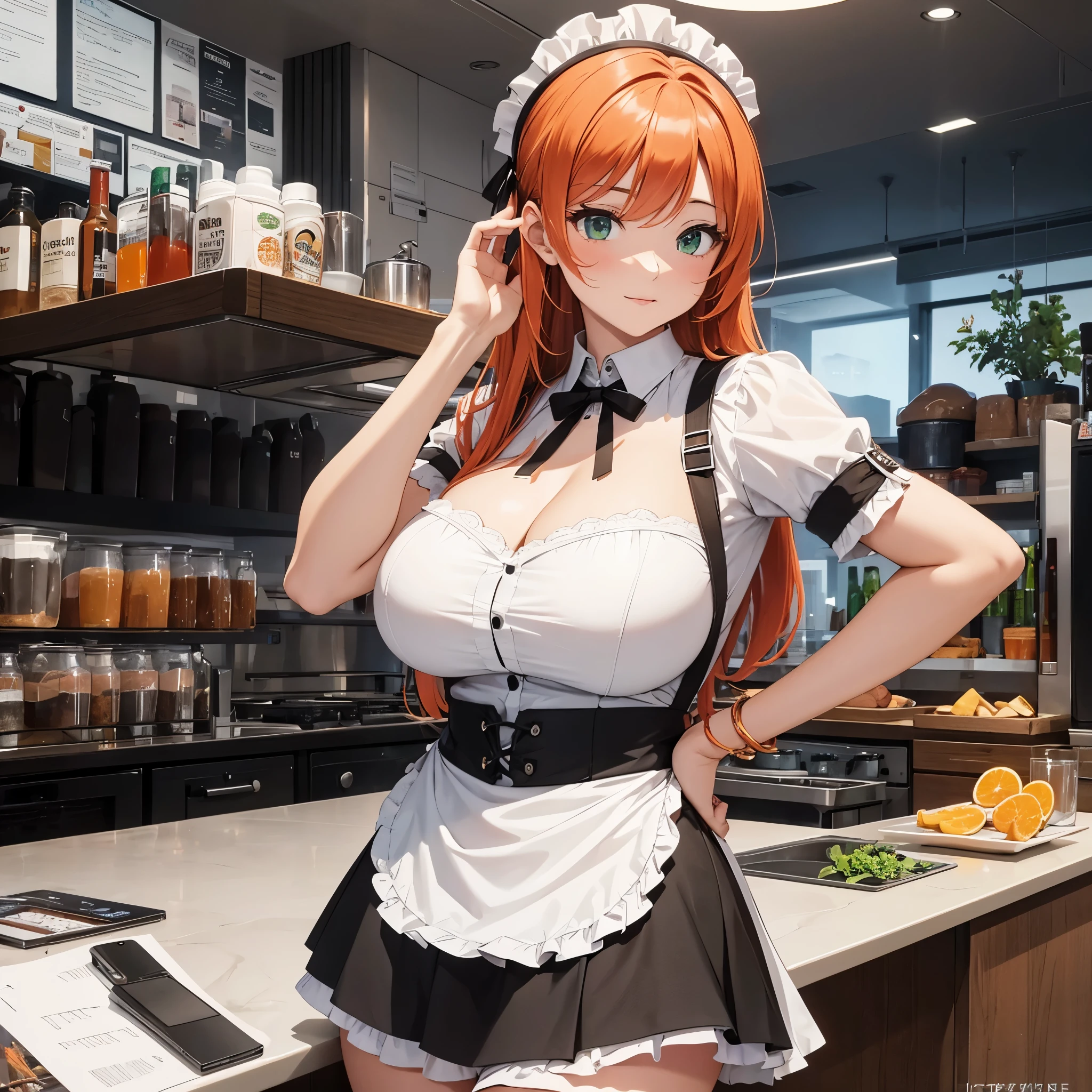 /draw ai_generated curvy_body curvy_female curvy_figure The average cup size female_only huge_breasts looking_at_viewer +maid solo_female solo_focus stable_diffusion waitress orange_hair green_eyes lifts the skirt showing black panties legs in pantyhose --auto