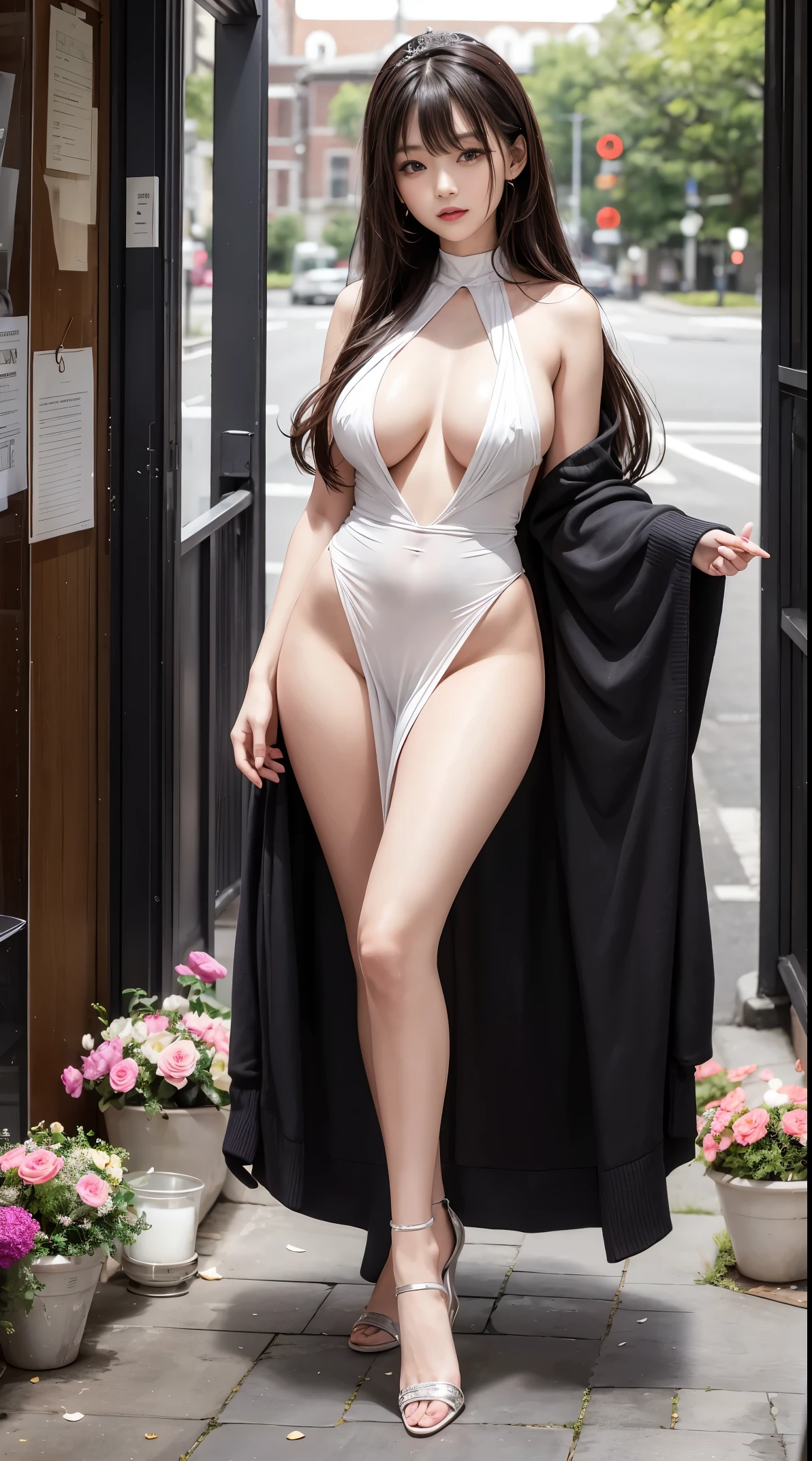 Sugihara anri, ((solo)), alone, bride, was naked, horny, happy, ((forehead to show)), standing, entering the church, dark hair, long hair, delicate, young, long hair, detailed face, high definition, ((full body)), (flowers around her), full body, she is a beautiful woman getting married, face with high quality, beautiful, radiant, big breasts