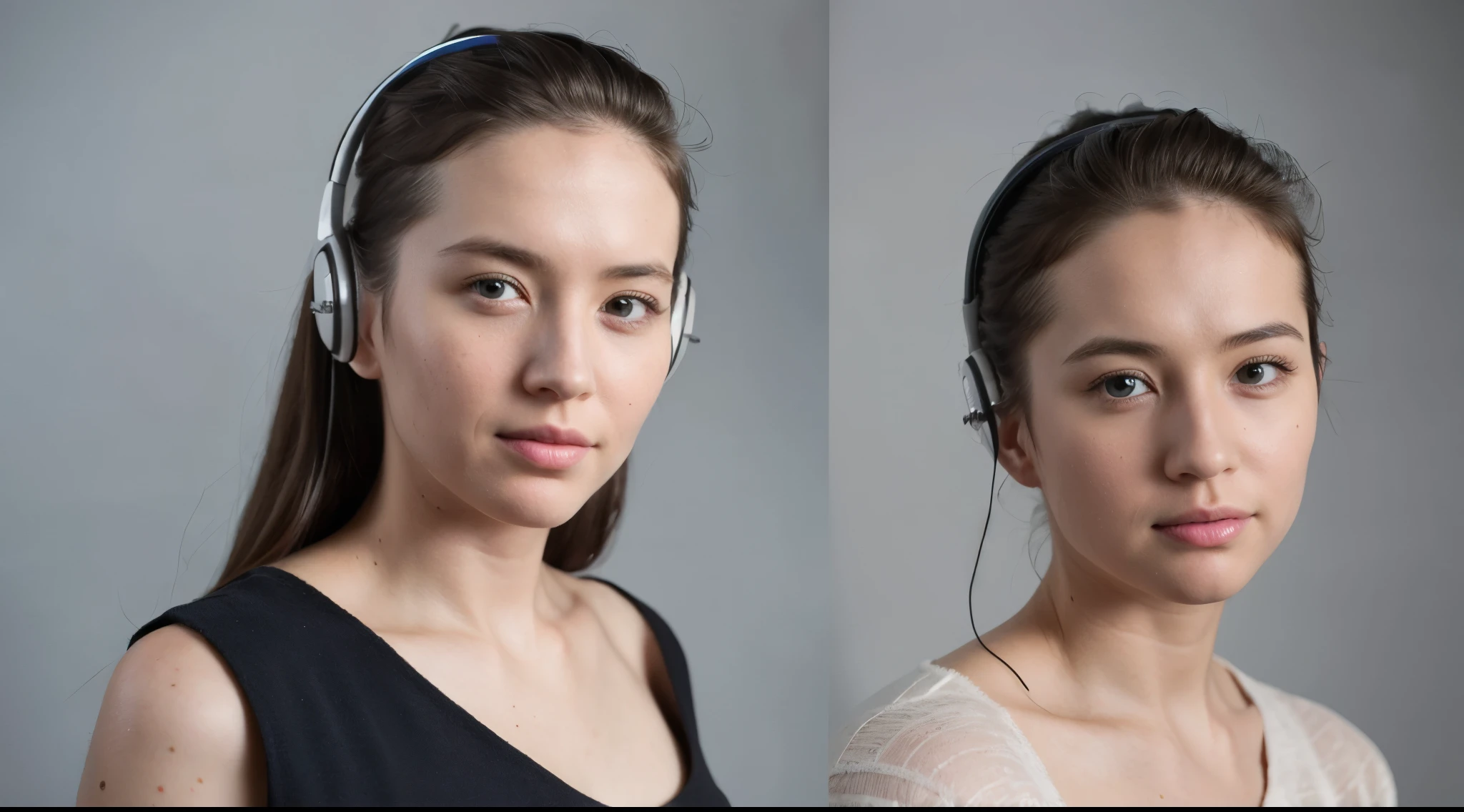dressed, (photo realistic:1.4), (hyper realistic:1.4), (realistic:1.3), (smoother lighting:1.05), (increase cinematic lighting quality:0.9), 32K, one 20yo girl, realistic lighting, backlighting, light on face, ray trace, (brightening light:1.2), (Increase quality:1.4), (best quality real texture skin:1.4), finely detailed eyes, finely detailed face, finely quality eyes, (tired and sleepy and satisfied:0.0), face closeup, t-shirts with headphones, (Increase body line mood:1.1), (Increase skin texture beauty:1.1)