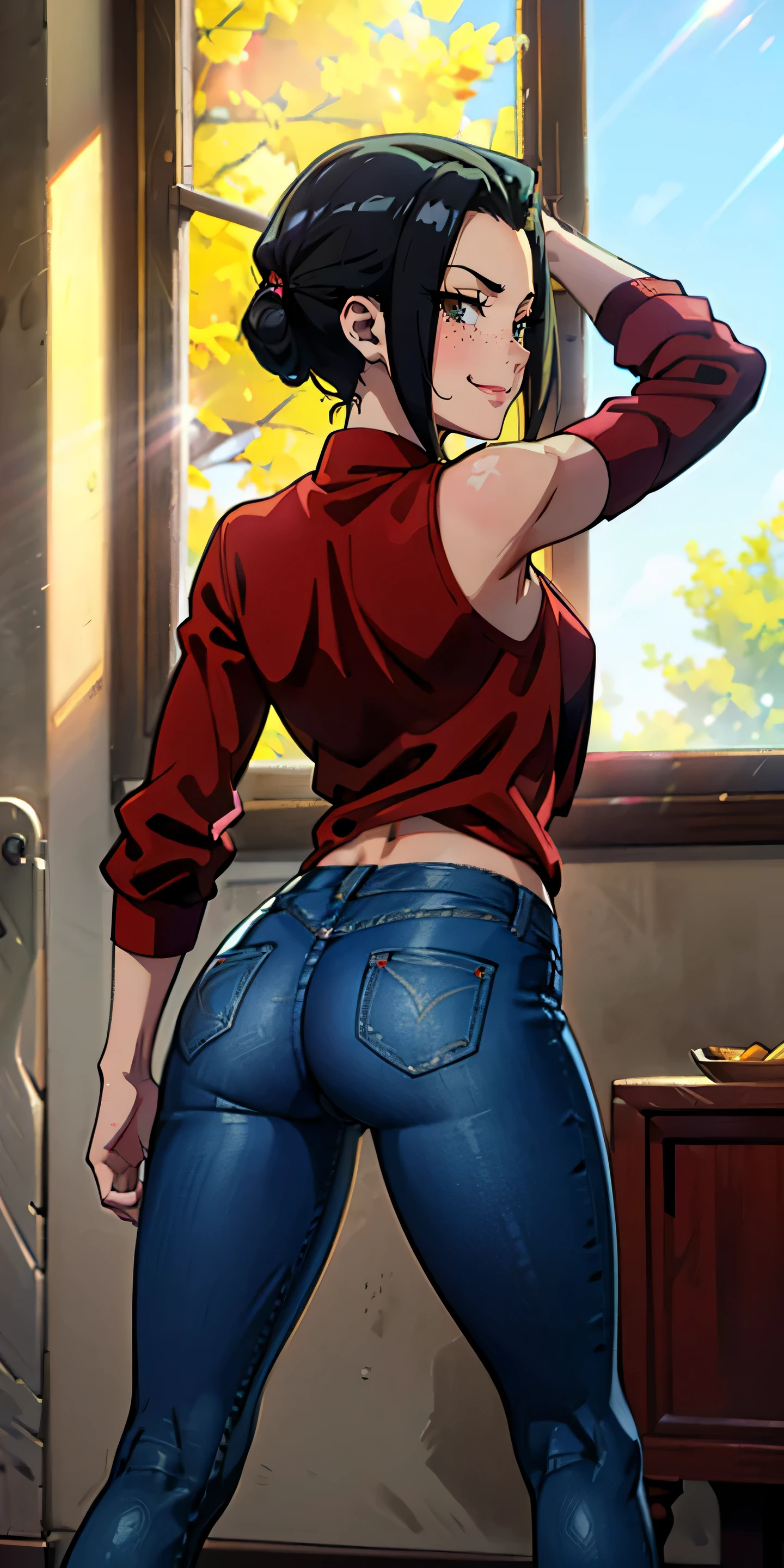 (masterpiece, best quality, highres, high resolution:1.2), detailed, ((anime)), Azula, solo, shy, blush, freckles, wearing sweatshirt, panties, highleg panties, standing, (cinematic lighting, sunlight, volumetric), indoors, window, pubic hair, smiling, (relaxed), red jeans, armpits, from behind