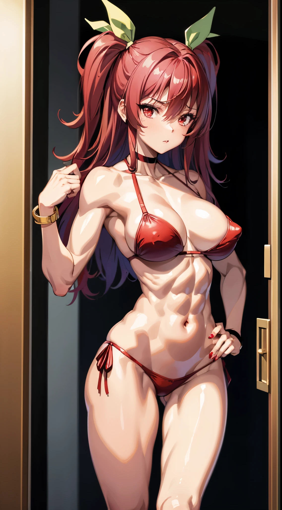 master piece、Top Quality、1 girl in、(Stella Vermillion)、Ligature bracelet、muscular thighs, muscular belly, wide hips, (very thin waist), large breasts, very hard breasts, standing breasts, very hard nipple, ( ((A sexy pose))), wearing red shoes with high heels scene), very hot, well-made hands, red nails, well-made red manicure with lots of details, {{{wearing a well-made bikini, short and very sexy}}}, eye reflection, glowing eyes, (red eyes), lonely, pouting, anime, anime style, cinematic lighting, ray tracing, panorama, Nikon, hard disk, master piece, precise, anatomically correct, skin textured, Super Detail, high quality, best quality, very high resolution, hard disk, 16k