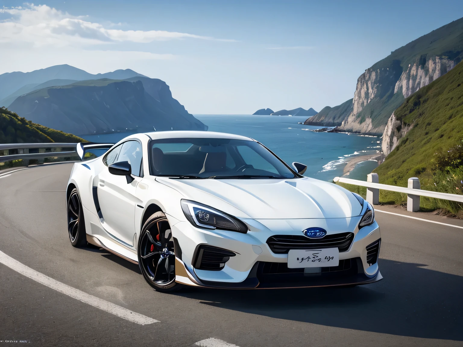 超A high resolution、An ultra-high picture quality、8K、Wonderful expression with attention to detail、early summer coastline、A white sports car stopped on a mountain road、Subaru、Alcyone 2000GT sports coupe