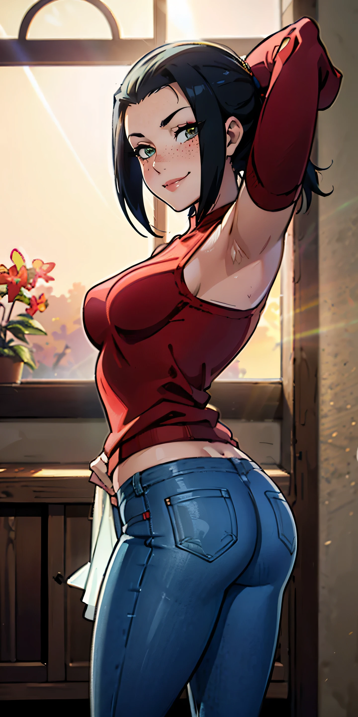 (masterpiece, best quality, highres, high resolution:1.2), detailed, ((anime)), Azula, solo, shy, blush, freckles, wearing sweatshirt, panties, highleg panties, standing, (cinematic lighting, sunlight, volumetric), indoors, window, pubic hair, smiling, (relaxed), red jeans, armpits, from behind, ((looking at the horizon))