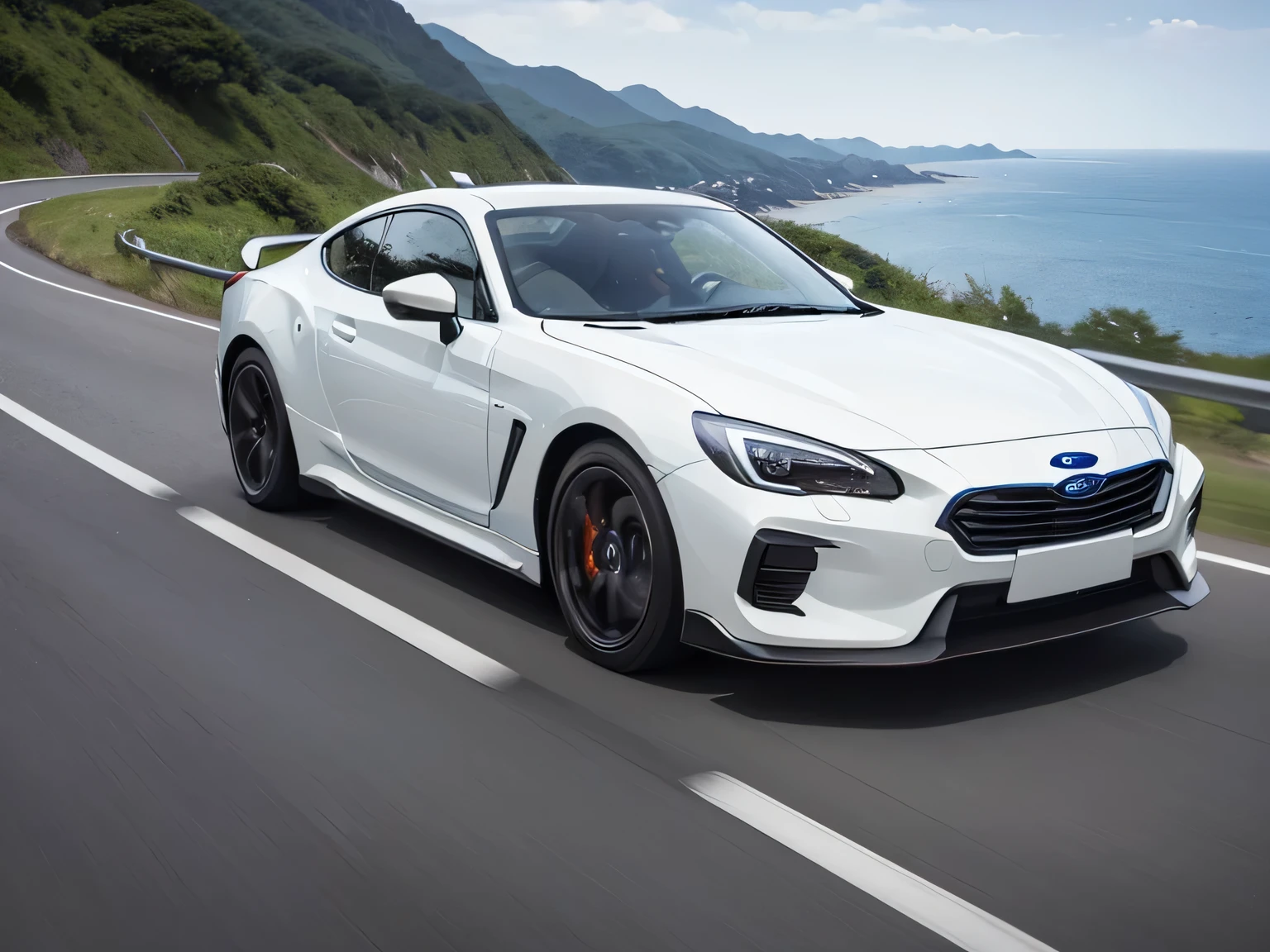 超A high resolution、An ultra-high picture quality、8K、Wonderful expression with attention to detail、early summer coastline、A white sports car stopped on a mountain road、Subaru、Alcyone　2000GT　sports coupe
