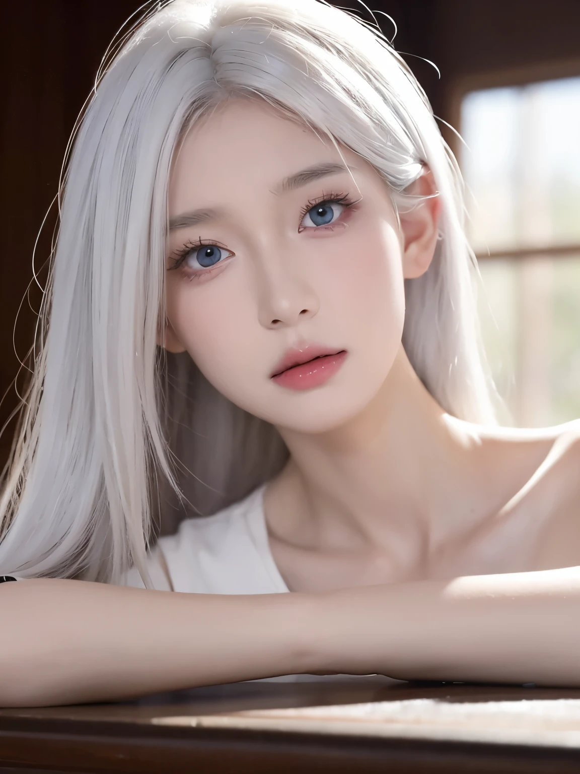 Be a girl with pink skin, pretty eyes (red eyes) as deep as the night sky, Half sad face lying on the table, White hair, looking at you, With anime/Semi-realistic art style