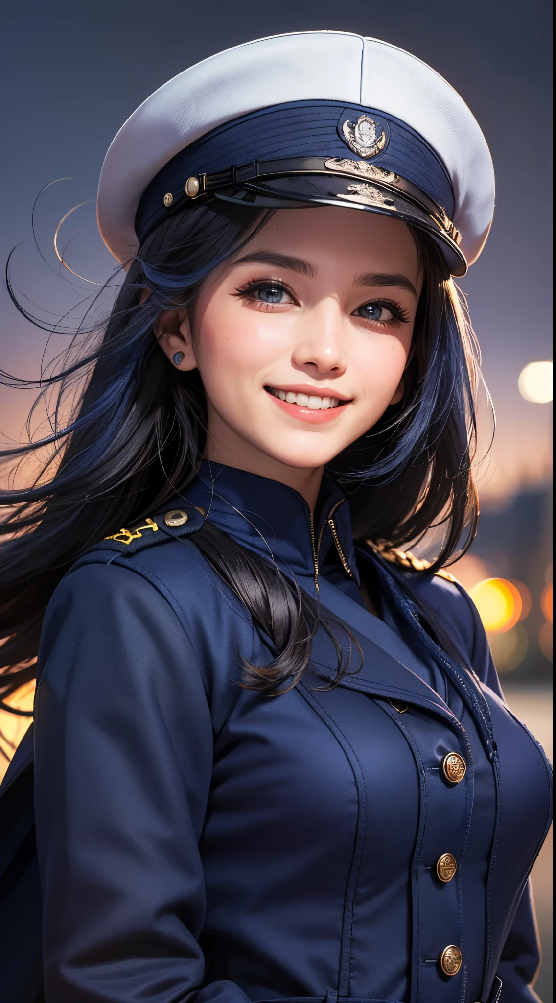 (UHD, retina, masterpiece, ccurate, anatomically correct, textured skin, super detail, high details, high quality, best quality, highres, 1080P, HD, 4K, 8k, 16k), (beautiful detailed eyes, beautiful detailed lips, extremely detailed eyes and face), studio lighting, physically-based rendering, vivid colors, (large breasts, glamorous body), (royal blue color, navy uniform coat:1.5), peaked cap, (portrait, shiny hair, shiny skin, blush, hair blowing in the wind), (old lighthouse, bokeh), eye reflection, jet black hair, (smile and laugh:1.5),
