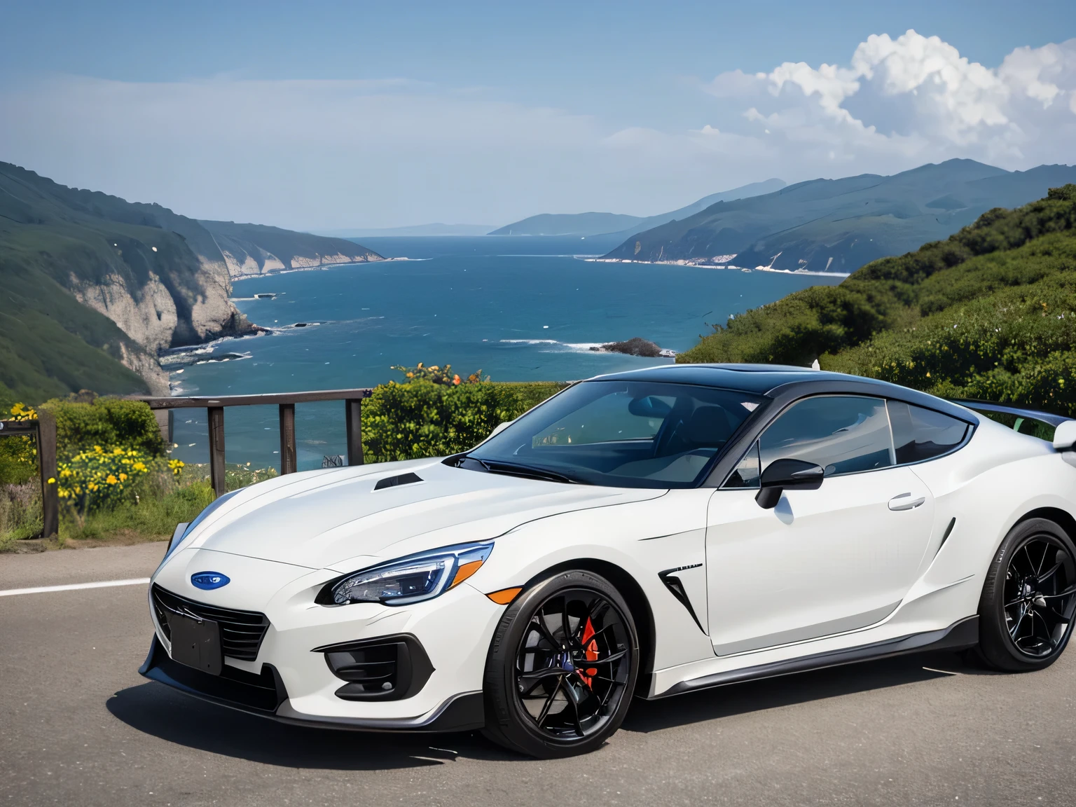 超A high resolution、An ultra-high picture quality、8K、Wonderful expression with attention to detail、early summer coastline、A white sports car stopped on a mountain road、Subaru、Alcyone 2000GT sports coupe