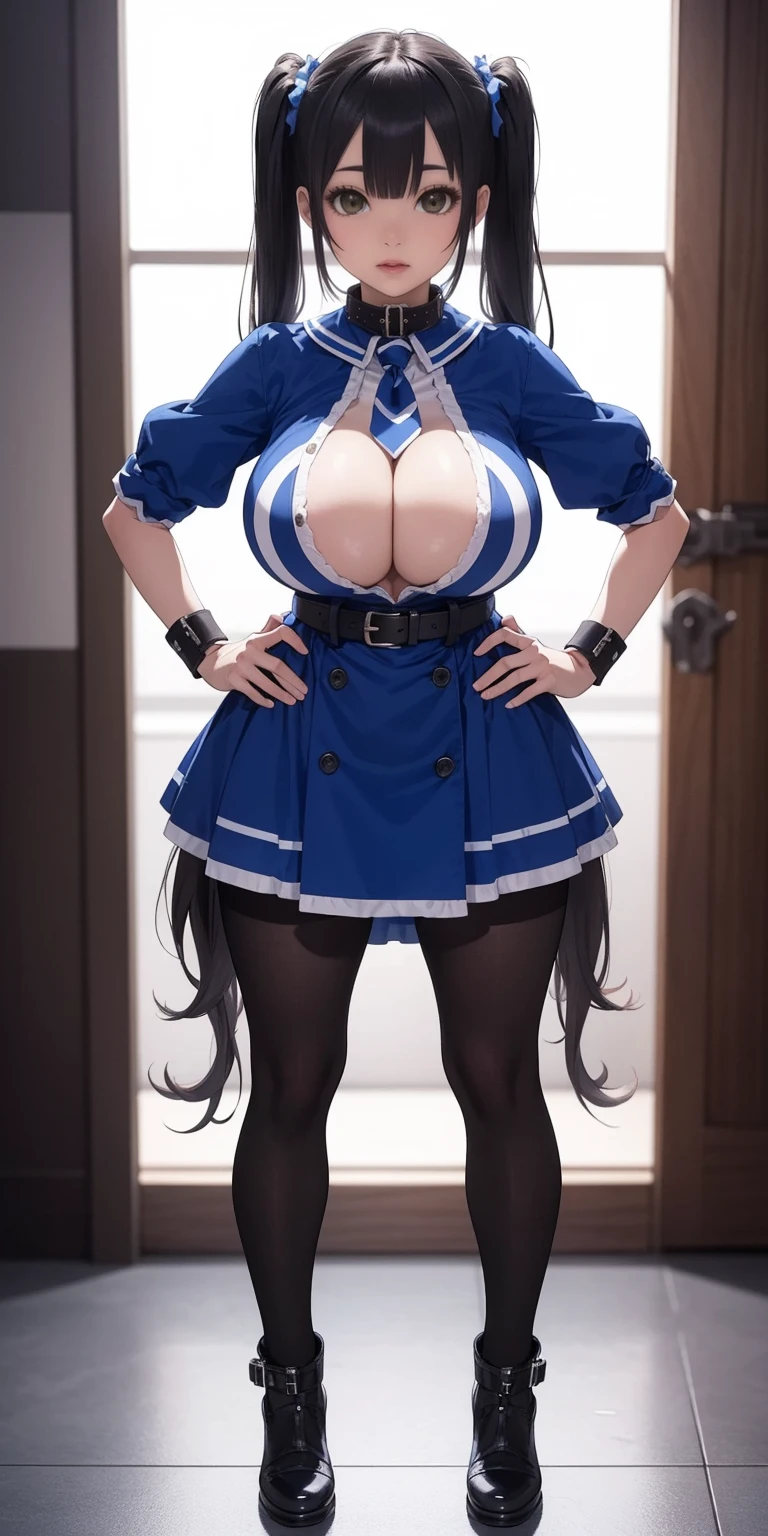 full body standing straight symmetrical, huge boob(masterpiece, best quality:1.2), cowboy shot, solo, 1girl, mmplatz, smile, looking at viewer, hands on hips, twintails, twin drills, dress, blue pantyhose, striped pantyhose, Handcuffs on their hands, With a collar around the neck