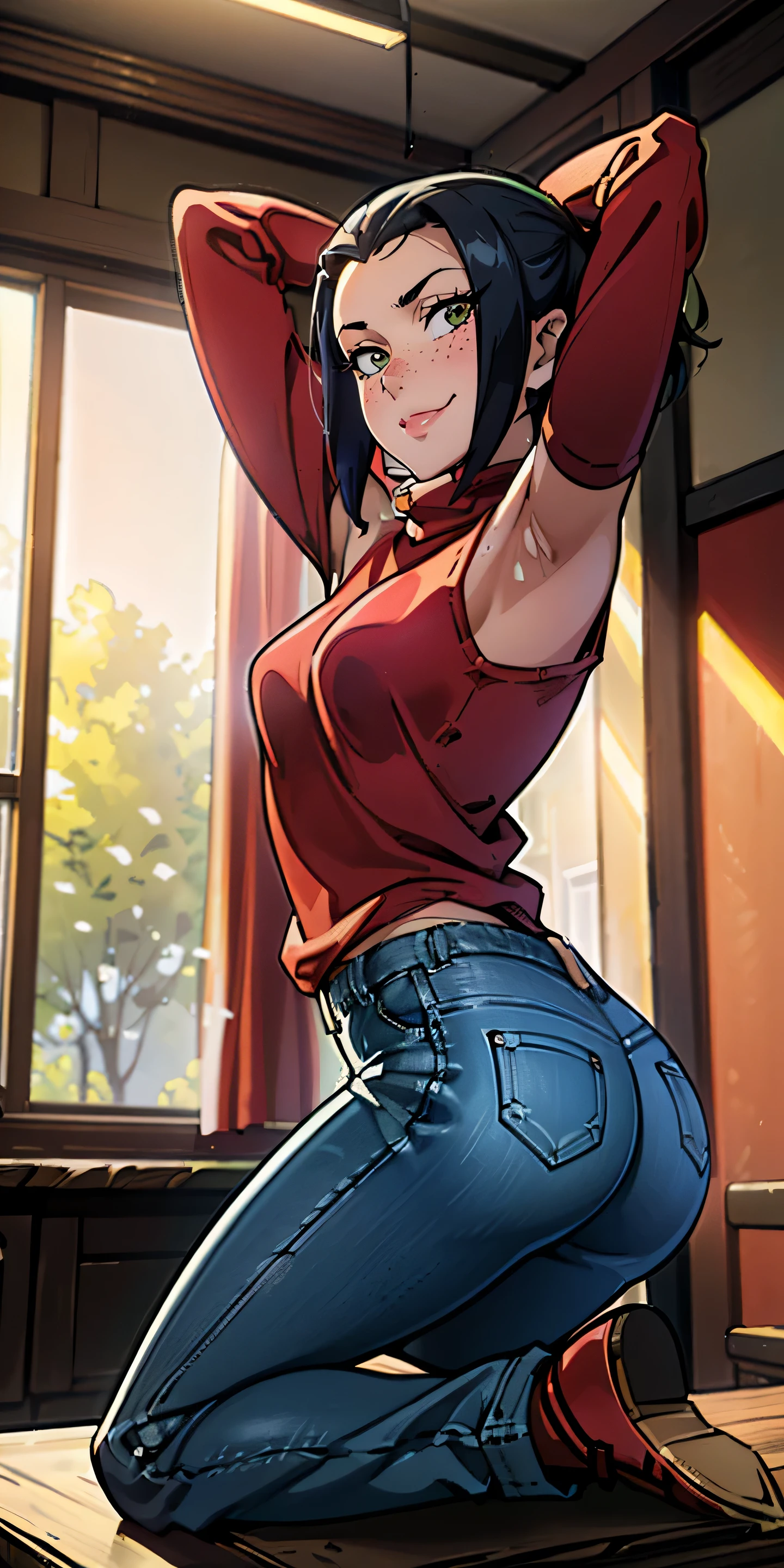 (masterpiece, best quality, highres, high resolution:1.2), detailed, ((anime)), Azula, solo, shy, blush, freckles, wearing sweatshirt, panties, highleg panties, kneeling on the bar, (cinematic lighting, sunlight, volumetric), indoors, window, pubic hair, smiling, (relaxed), red jeans, armpits, from behind, ((looking at the horizon))