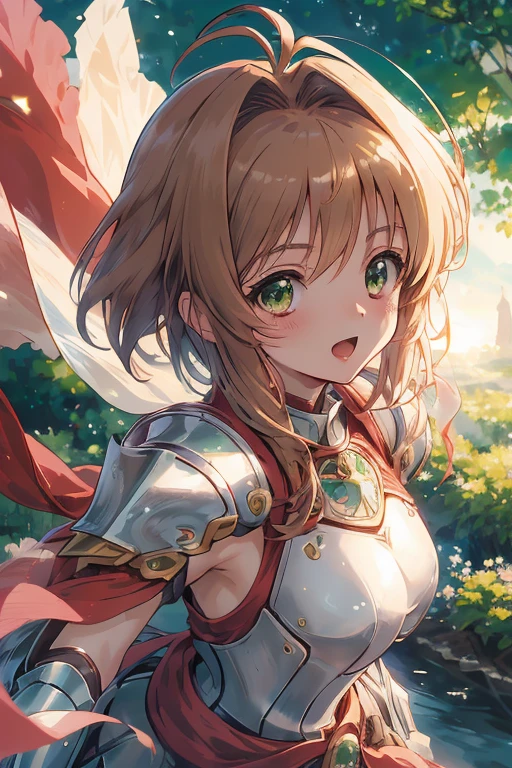 master piece, Best Quality, A high resolution, top-quality, Anime style, The best lighting, Beautiful face, kinomoto sakura, 1woman, tall, 30 years old, large breasts, light brown hair, Short hair, Antenna Hair, Green eyes, frills,  knight in shining armor, dynamic angle, action pose,