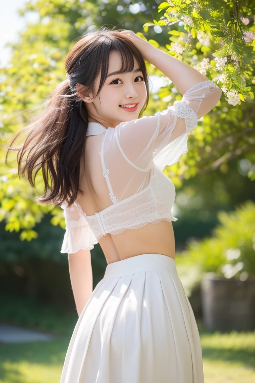 (((​masterpiece))), (One beautiful Japan girl, classmates, Pure Innocence，Innocence，kawaii) ，超A high resolution, Realistic, ultra-detailliert, 8K,top-quality, Extremely detailed, Detailed background,A slender,(a baby face，kawaii系,adorable 14 year old girl),Beautiful girl in a short-sleeved white blouse、Super Detailed Face、Detailed lips、A detailed eye、Photorealistic:1.37，no-makeup，small gravure idol，Transparent skin、Hair swaying in the wind，Smiling smile，Close your eyes，[[The cherry tree]]Forest background、Neutral Lighting、Pleated mini-skirt，(The wind blows and the skirt flips up, Glimpses of underwear)、The white lace underwear is transparent、posterior view、Enlarge the buttocks、Looking up from the ground，show me your beautiful teeth、 playful pose, natural beauty,Warm tones，