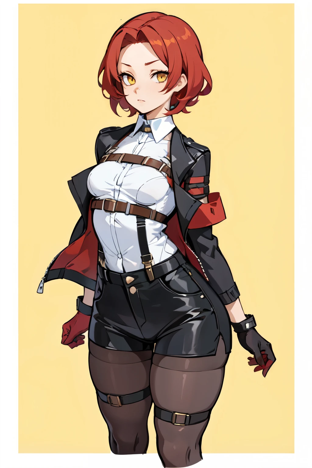 1girl, young woman, solo, short hair, Small  hair, (forehead:1.2), yellow eyes, sharp ocular posture, (scarlet red hair), light brown skin tone, Athletic, muscular, medium breasts, (cropped jacket, black jacket), white shirt, collared shirt, (chest harness, shoulder strap:1.15), black leather shorts, 7/8 pantyhose, garter belt, gloves, elegant, looking at viewer, standing, mustard color background, masterpiece, best quality, 4k