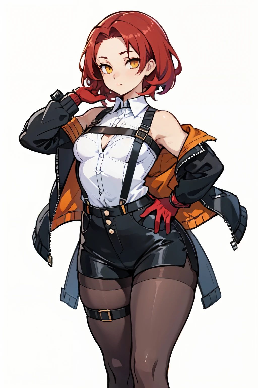 1girl, young woman, solo, short hair, Small hair, (forehead:1.2), yellow eyes, sharp ocular posture, (scarlet red hair), light brown skin tone, Athletic, muscular, medium breasts, (cropped jacket, black jacket), white shirt, collared shirt, (chest harness, shoulder strap:1.15), black leather shorts, 7/8 pantyhose, garter belt, gloves, elegant, looking at viewer, standing, mustard color background, masterpiece, best quality, 4k