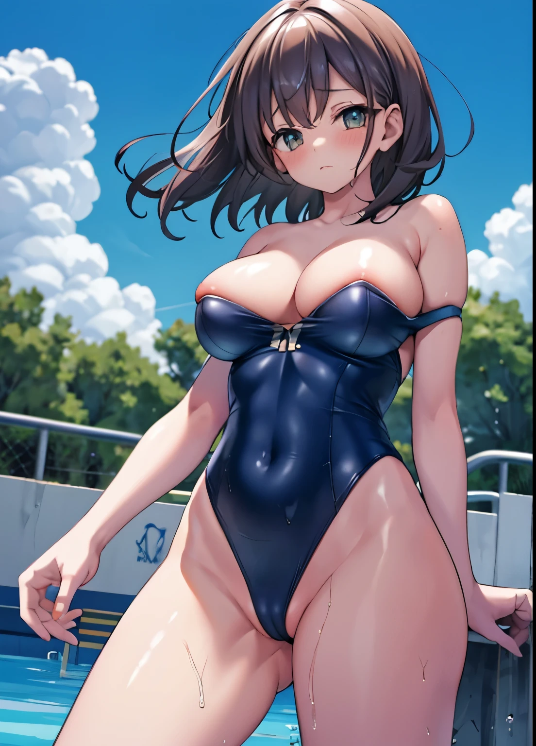1girl, solo, blush, large breasts,((swimsuit aside)),
bare arms, wet, pool,
strap slip, blue one-piece swimsuit, thighs, arms at sides, bare arms, cowboy shot, standing,