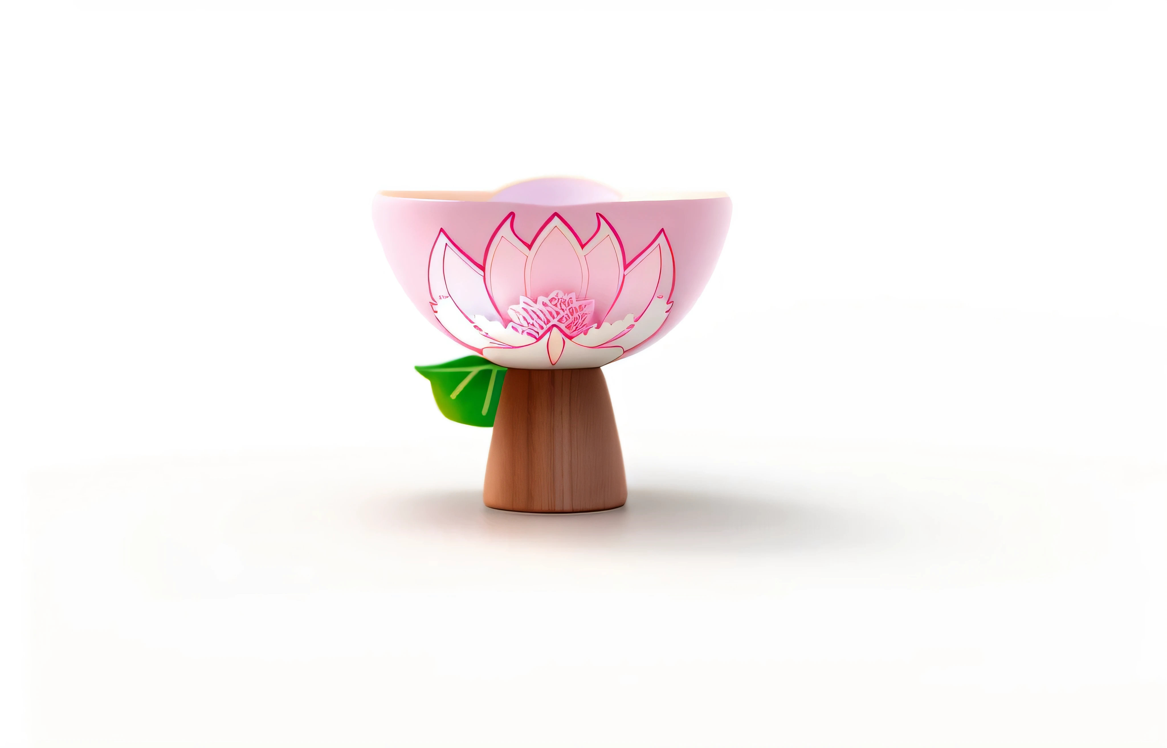There is a small wooden flower cup,There are pink flower patterns on it, Stand gracefully , Depicted as a 3D rendering, stylized as a 3d render, , rendered illustration, toy design, holy grail of understanding, With 3D rendering,cupping