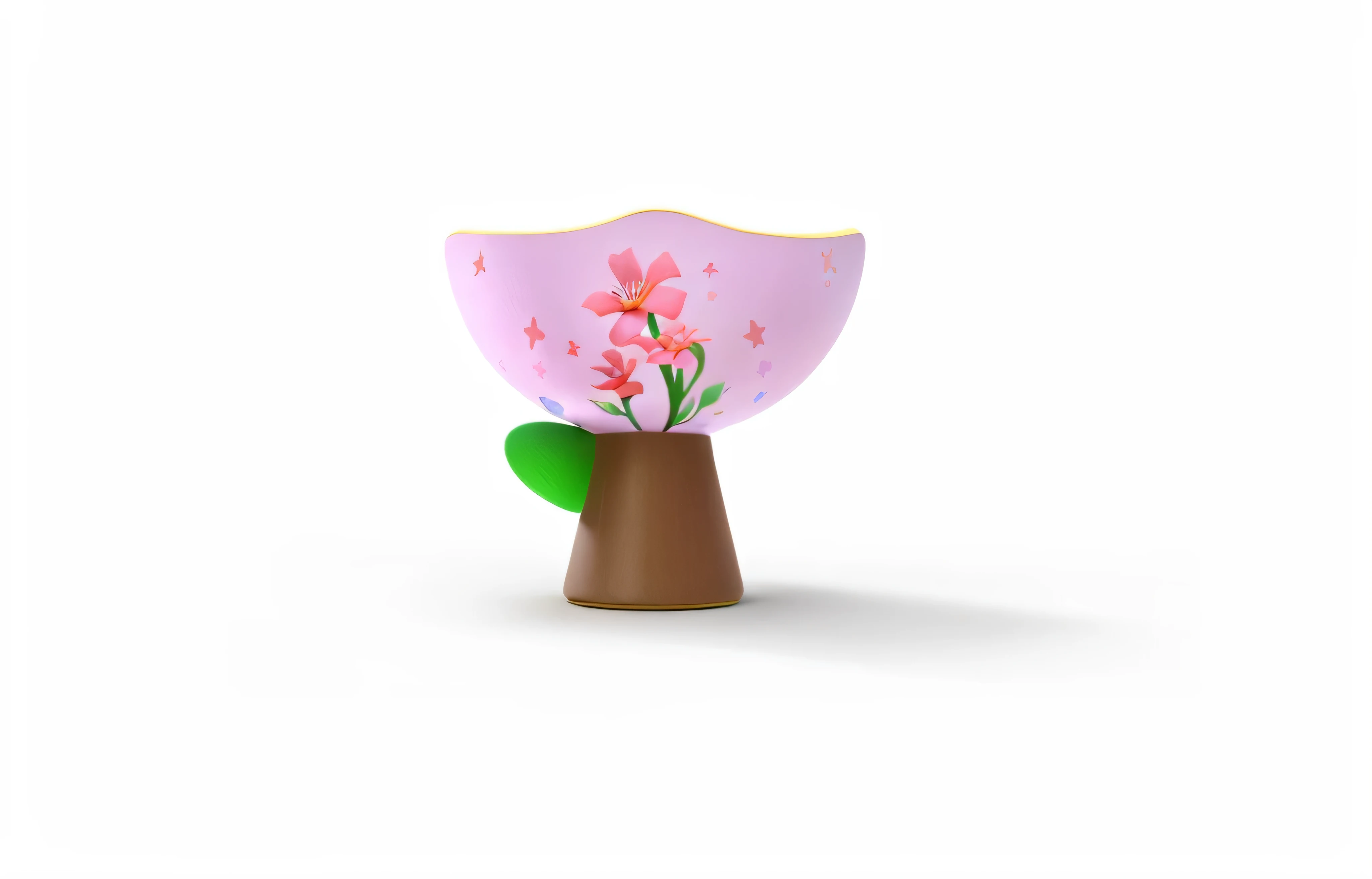 There is a small wooden vase,There is a flower on it, stylized as a 3d render, depicting a flower, Soft blooming light, game asset of plant and tree, rendered illustration, , render of april, toy design, Depicted as a 3D rendering, stylized 3d render, 2d render, alien flowers, alpine star flower